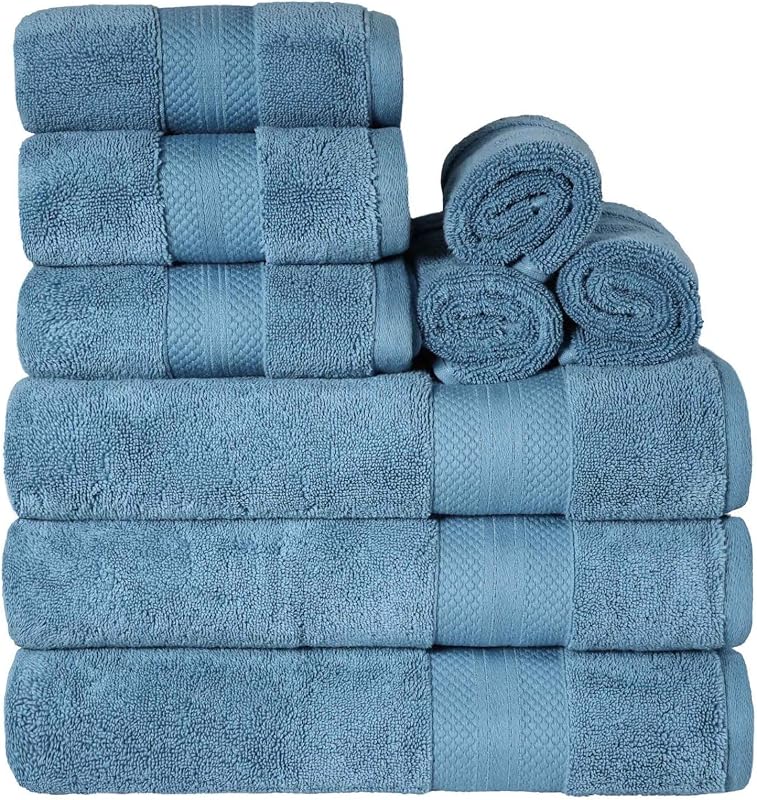 Juego de toallas SUPERIOR de algodón turco de 9 piezas, 3 toallas de baño, 3 de mano, 3 de cara para el hogar, artículos esenciales para el baño, hotel, resort, spa, ducha, adultos, niños, Airbnb, felpa, suave, apartamento, azul vaquero