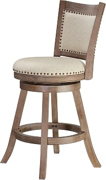 Cortesi Home Marko Stool in Beige Fabric Swivel Seat with Back, 24" Counter Height, Driftwood