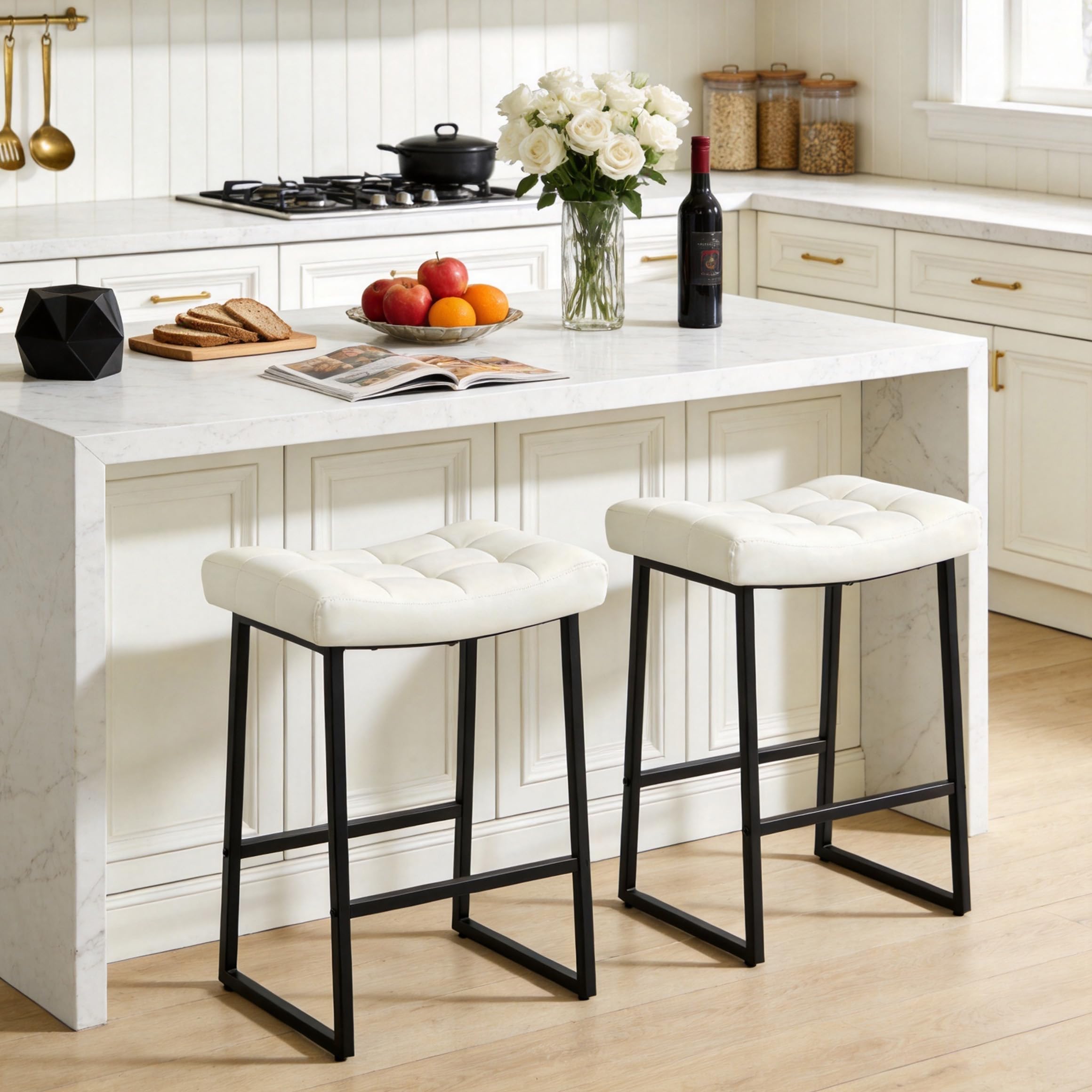 RNKSFX Black & White Faux Leather Saddle Stools