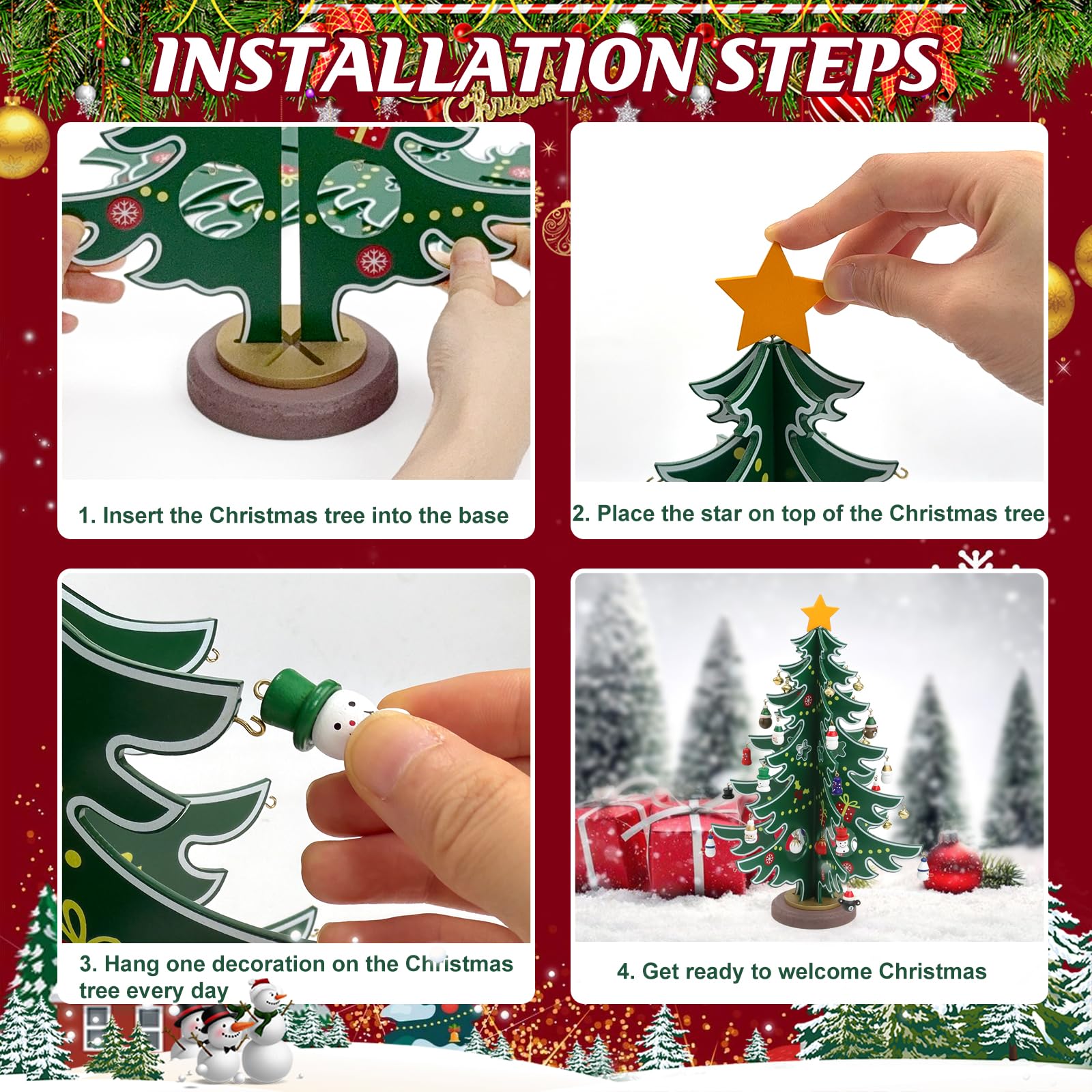 Calendario dell'Avvento 2025, albero di Natale in legno con 36 ciondoli e catena luminosa a LED, 24 giorni, conto alla rovescia, mini albero di Natale, regalo per ragazzi e ragazze