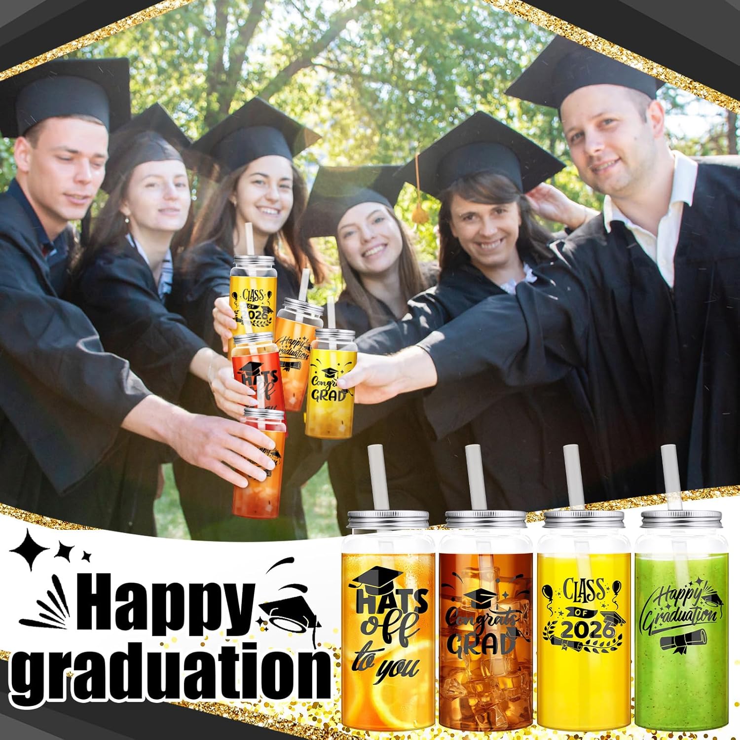 24 Pcs Graduation Cups with Straws Bulk 13.5 oz Class of 2026 Plastic Mason Jars Reusable Tumbler Coffee Tea Hot Cocoa Beverage Happy Graduation Tumbler for Congrats Grad Party Gifts(Black)