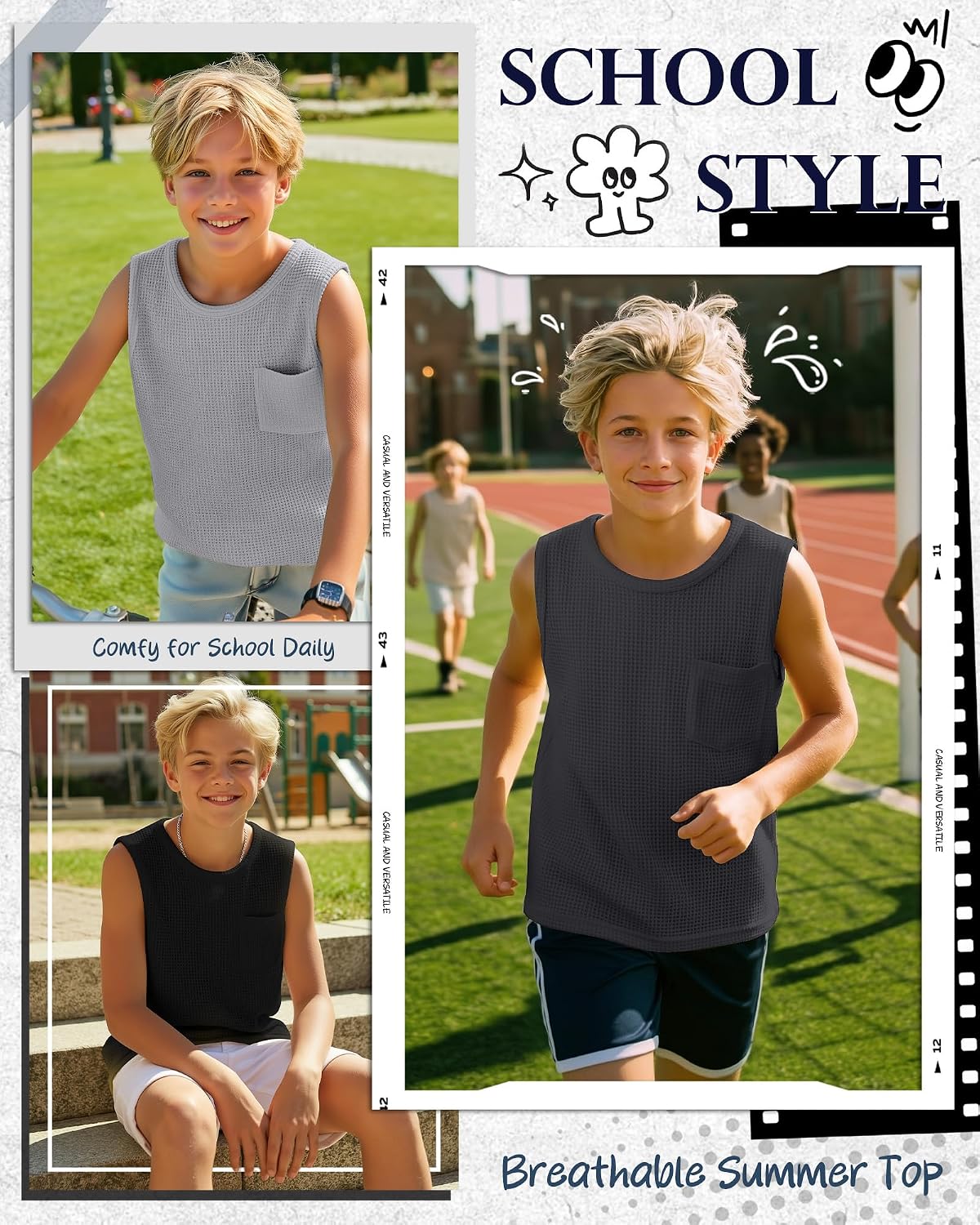 3 Pack Boys Tank Tops Kids Waffle Sleeveless Undershirts Crewneck Pocket Athletic Casual Basic Tees for 5-16 Years