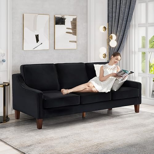 Miniatura 3 de Sofá pequeño negro de 74 pulgadas, cómodo sofá biplaza tapizado de terciopelo negro para la sala, sofás modernos de mediados de siglo, sofá biplaza