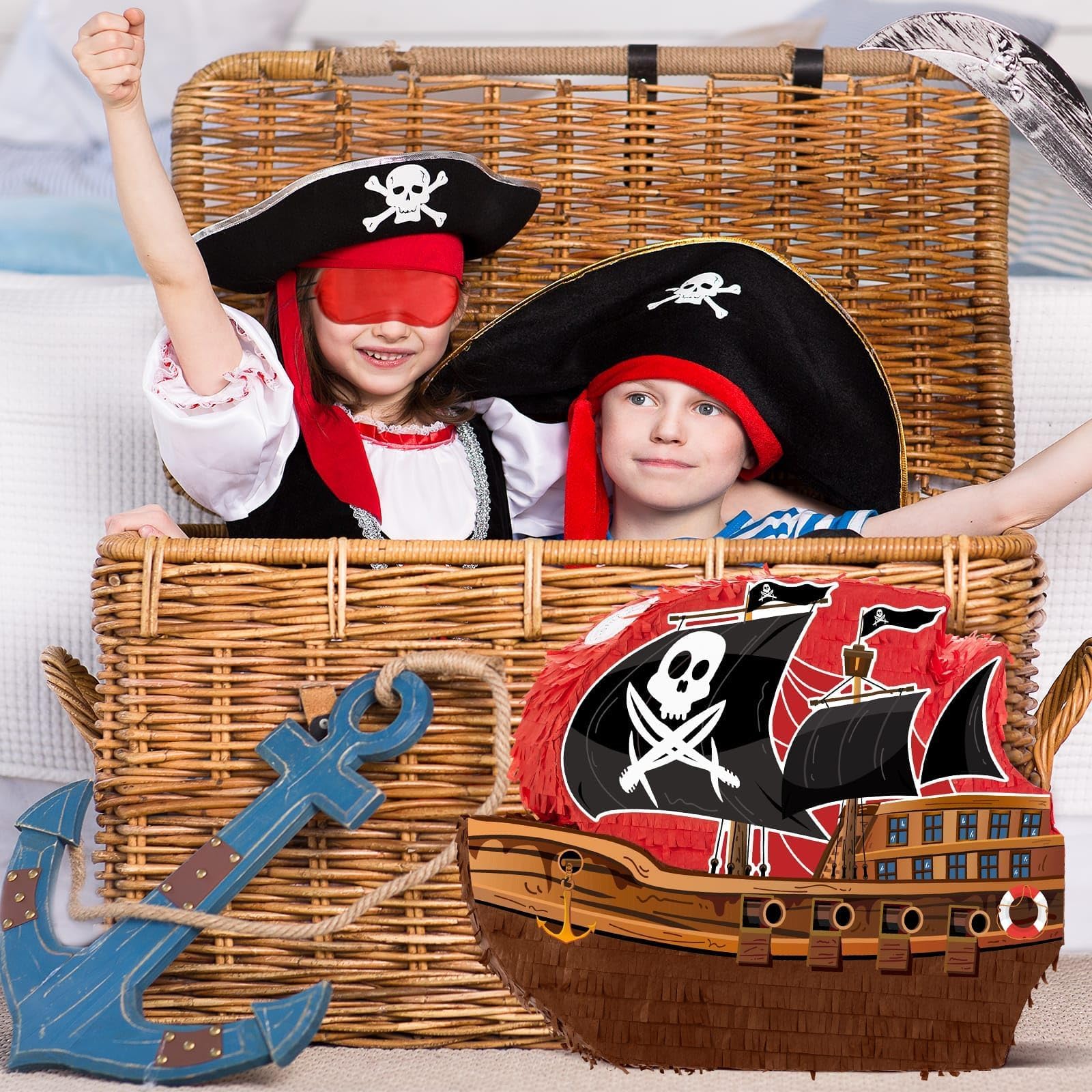 WERNNSAI Piraten Pinata – 41,9 cm x 31,6 cm x 7,5 cm Pirat Pinata Geburtstag Junge Kinder Piraten Piñata mit Stock Augenbinde Piñata Komplettes Set Abenteuer Partyspiel