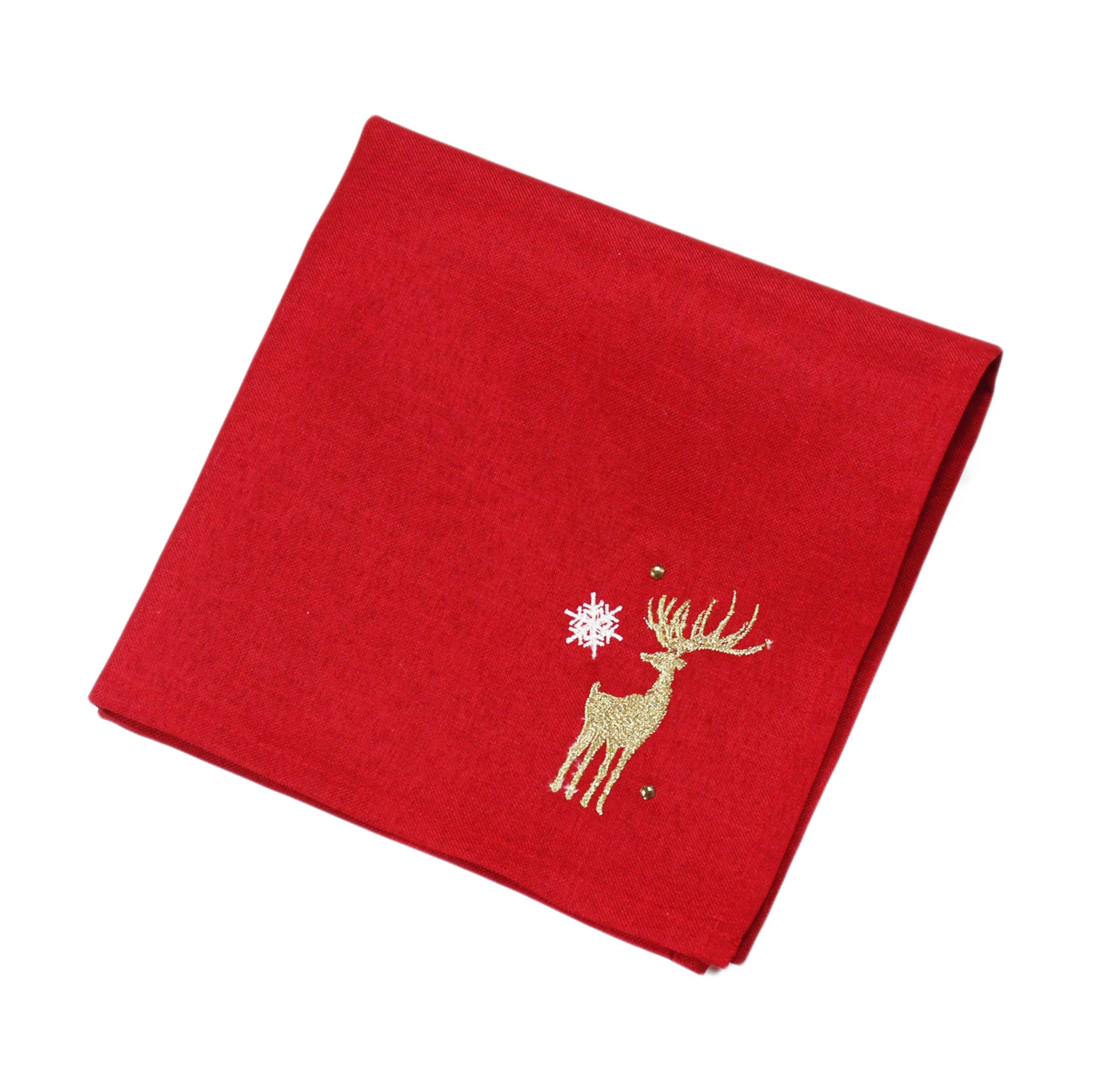 Peggy Wilkins Red/Gold Shimmer Stag Embroide Christmas Napkin - 45Cm X 45Cm