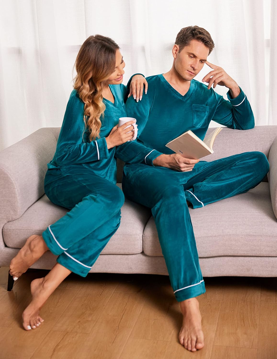Ekouaer Couples Matching Pajamas Sets Velvet PJs Set for Men and Women Velour Long Sleeve