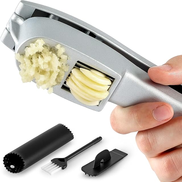Zulay 2-in1 Garlic Press Set - Dual Function Garlic Mincer & Slicer - Heavy Duty Easy Squeeze Garlic Crusher with Cleaning Brush & Silicone Garlic Tube Peeler