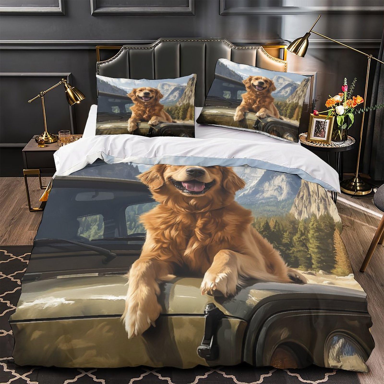 Housse de couette Golden Retriever : évadez-vous avec ce décor aventure nature pour adulte