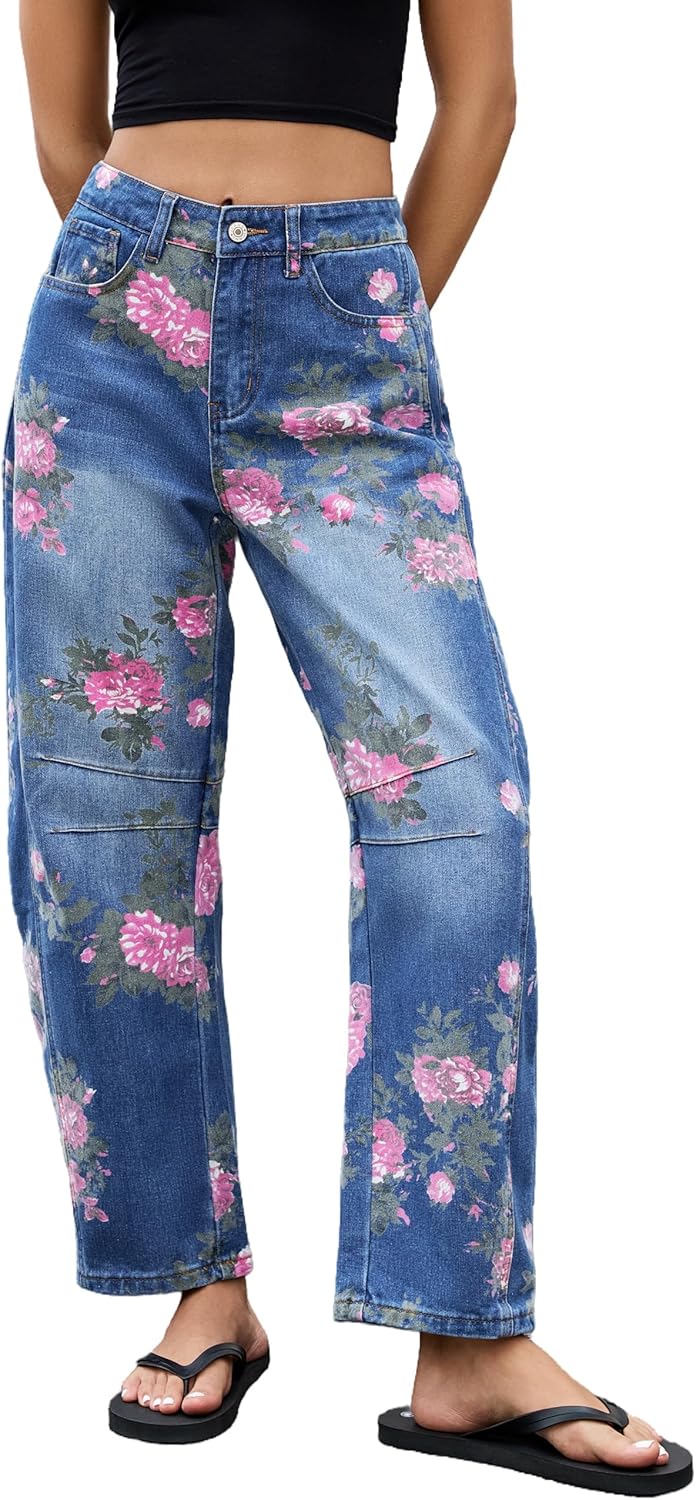 Kedera Women's Baggy Barrel Jeans Casual Boyfriend Mid Rise Leopard Printed Wide Leg Denim Ankle Pants