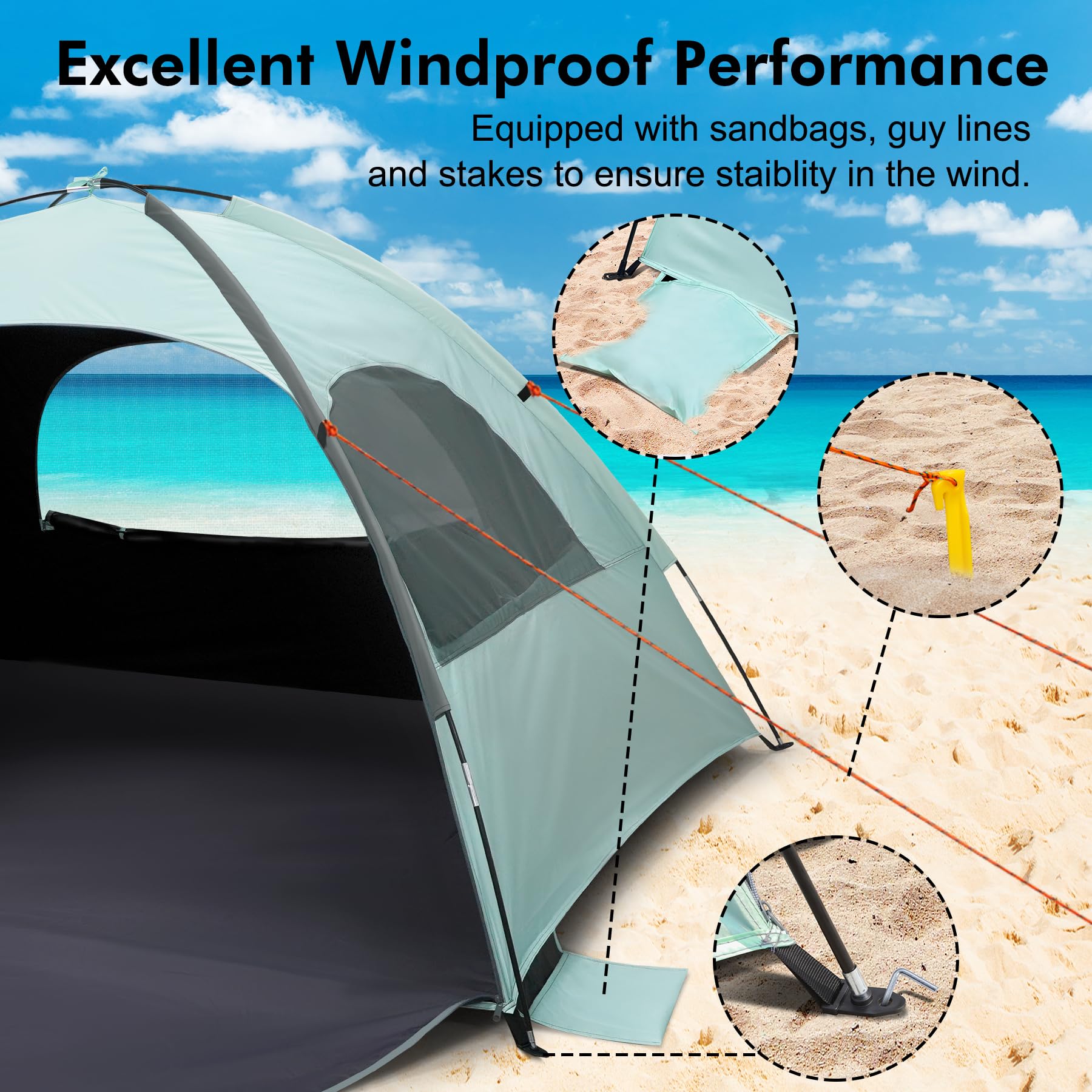 WhiteFang Tienda de campaña de Playa portátil Anti-UV para 3/4/6 Personas, Suelo Extensible con 3 Ventanas de Malla de ventilación más Bolsa de Transporte, estacas y Cuerdas tensoras