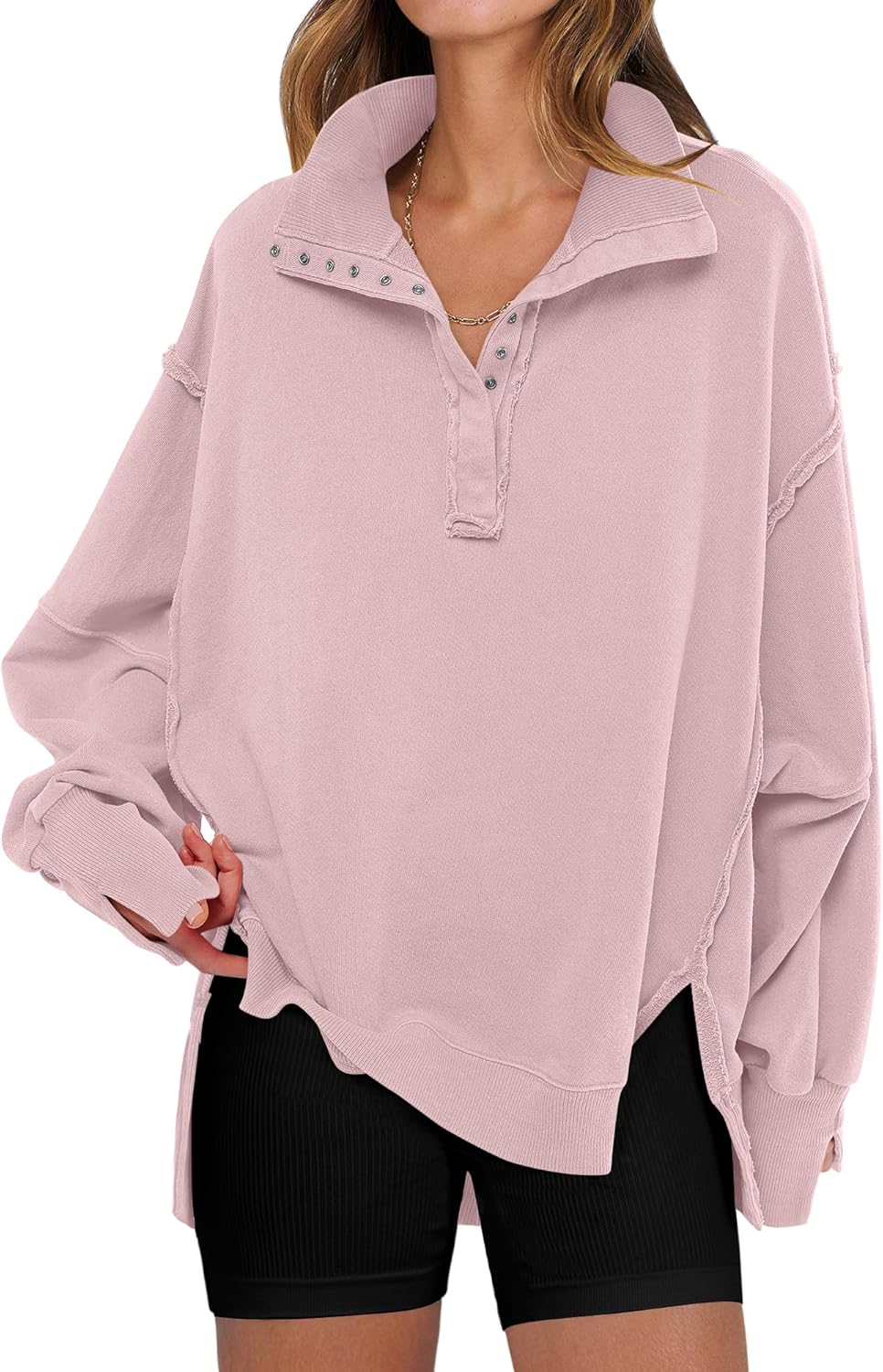 ANRABESS Women's Sweatshirts Oversized Casual Loose Button Up Henley Pullover Top High Low Split 2025 Fall Fashion Outfits