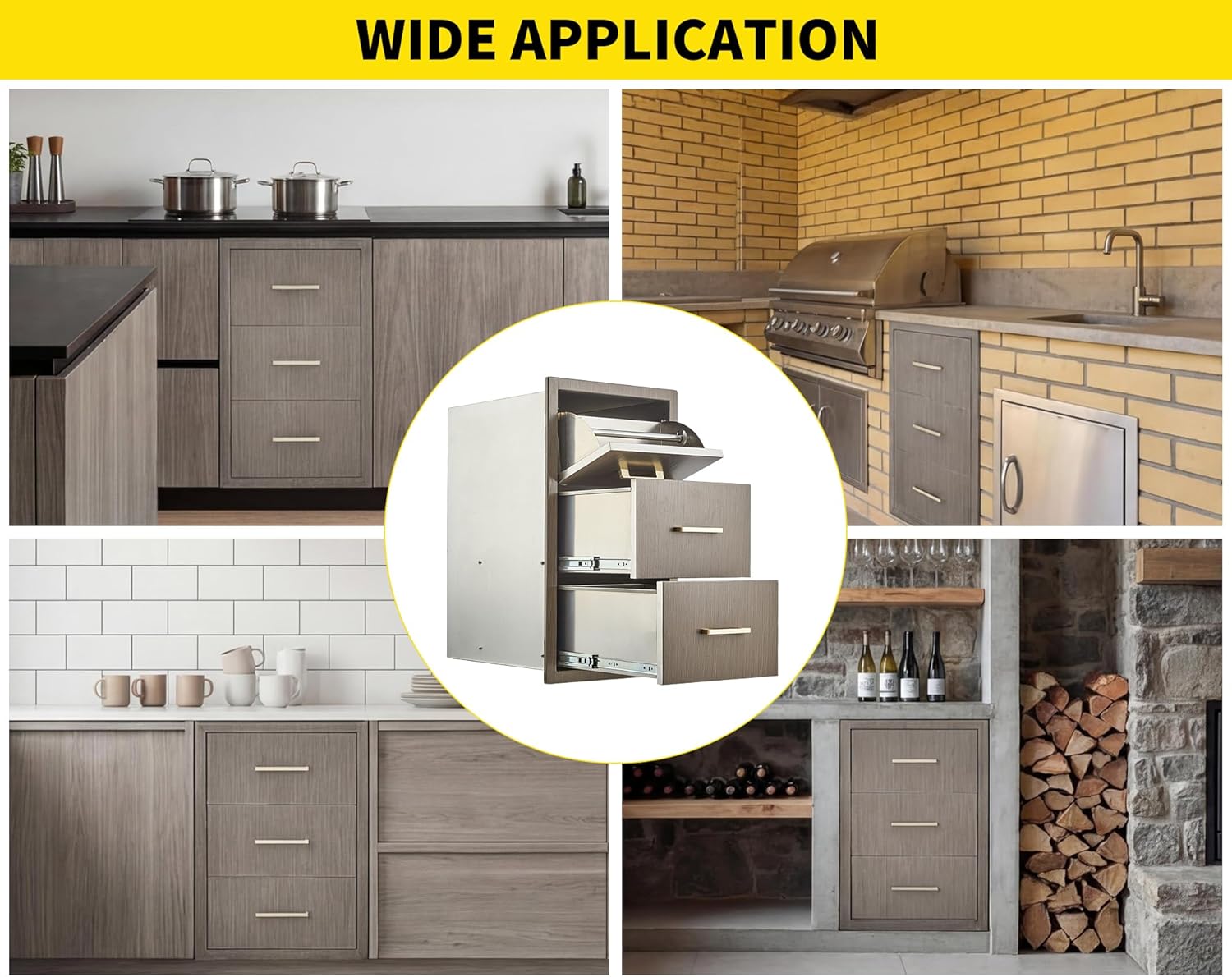 Outdoor Kitchen Drawers 17" W x 30" H x 21" D, Flush Mount Triple BBQ Drawers with Stainless Steel Handle, Paper Towel Holder Combo for BBQ Island, Patio Grill Station