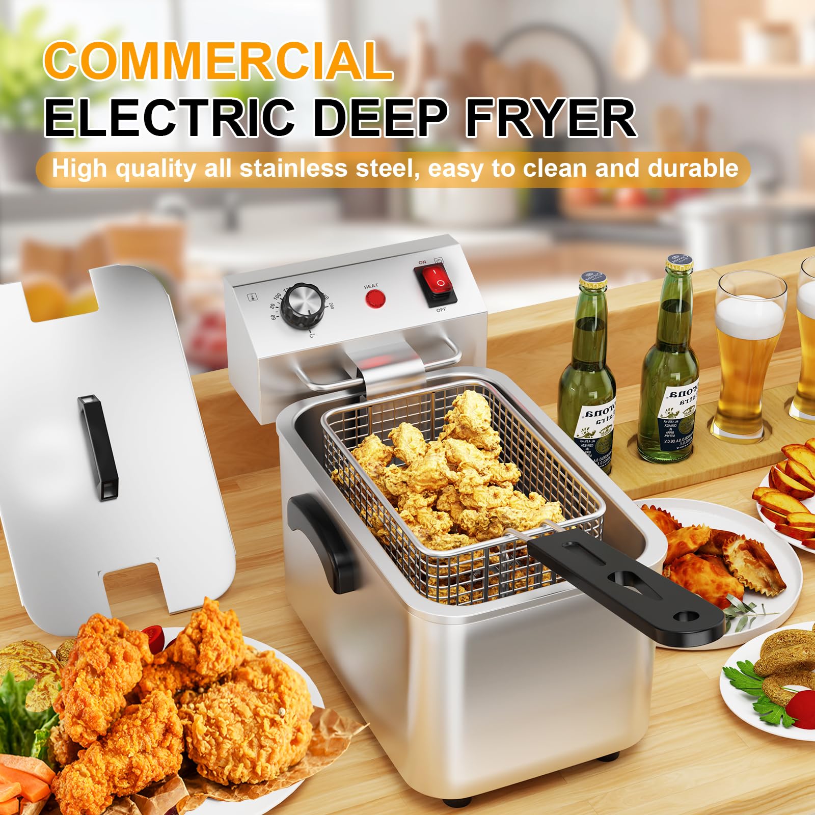 TAIMIKO Friggitrice elettrica professionale friggitrice in acciaio inox con vasca rimovibile(4L, 2500W, 220V, maniglie laterali, termostato)