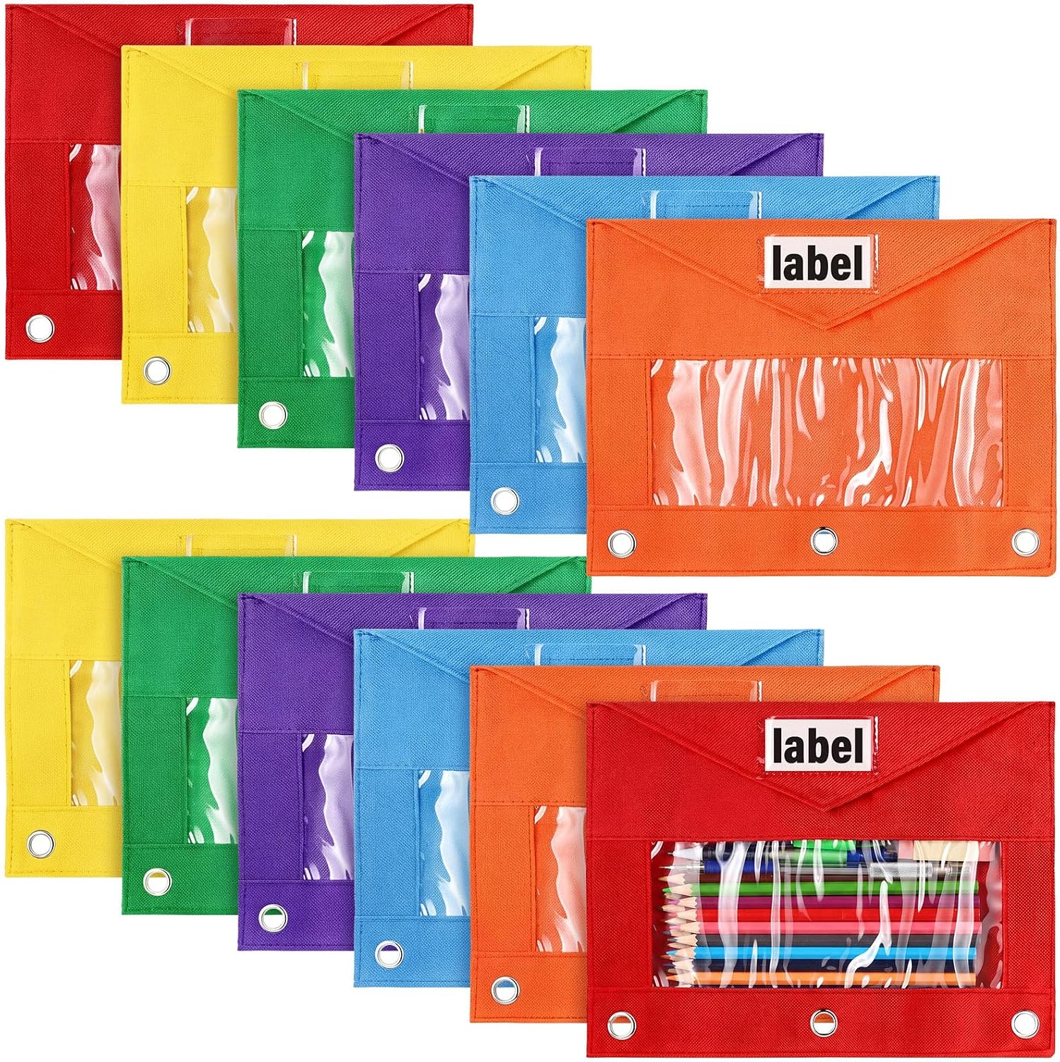 12 Pack Pencil Pouches for 3 Ring Binder 3 Hole Pencil Case with Tight Closure and Label Oxford Cloth Clear Window Black Pen Bag for School Classroom Organizers(Colors)