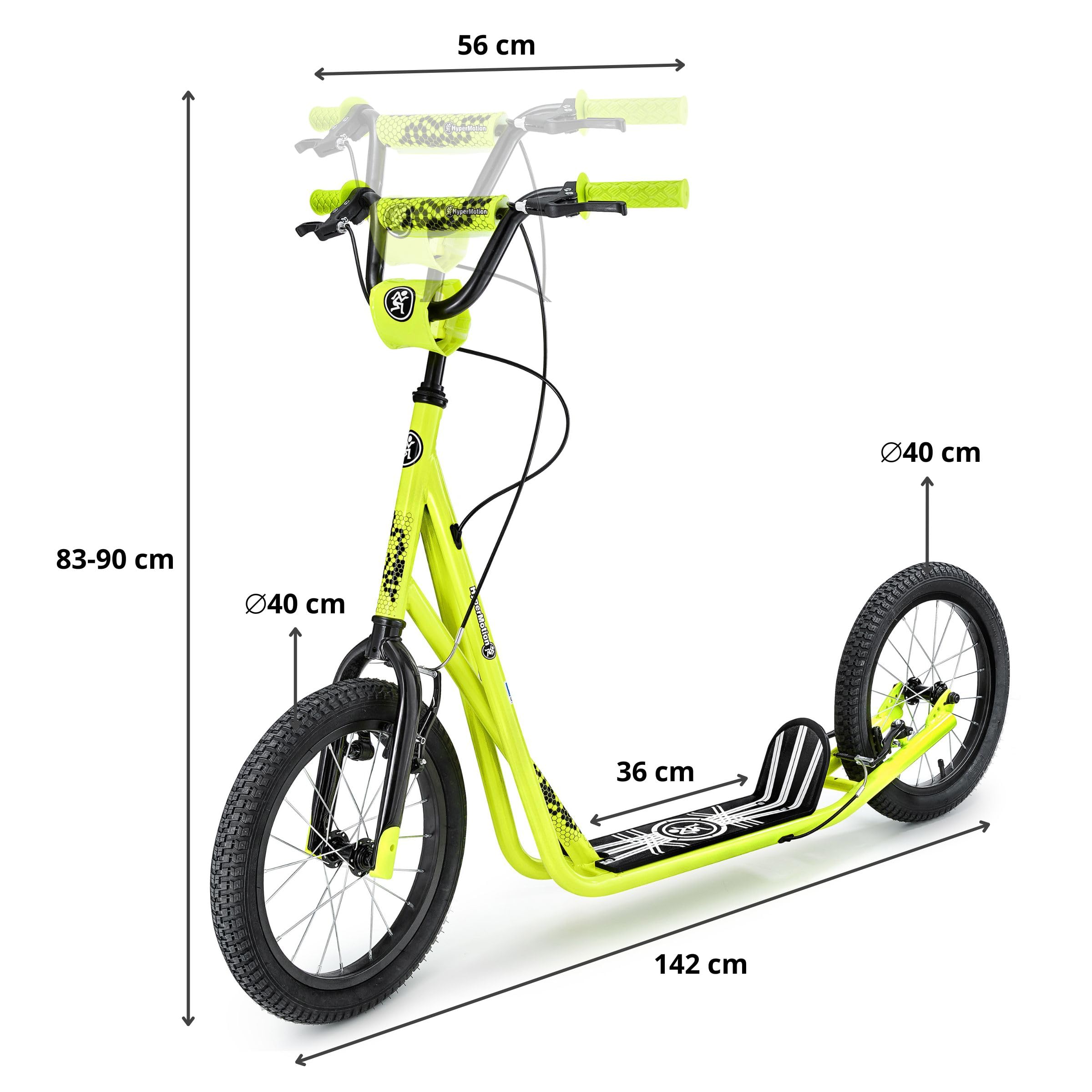 HyperMotion Runkie Patinete Urbano 16 Pulgadas Ruedas Inflables, Manillar Ajustable, Doble Freno Manual, para Niños Desde 8 Años, Jóvenes y Adultos, Amarillo
