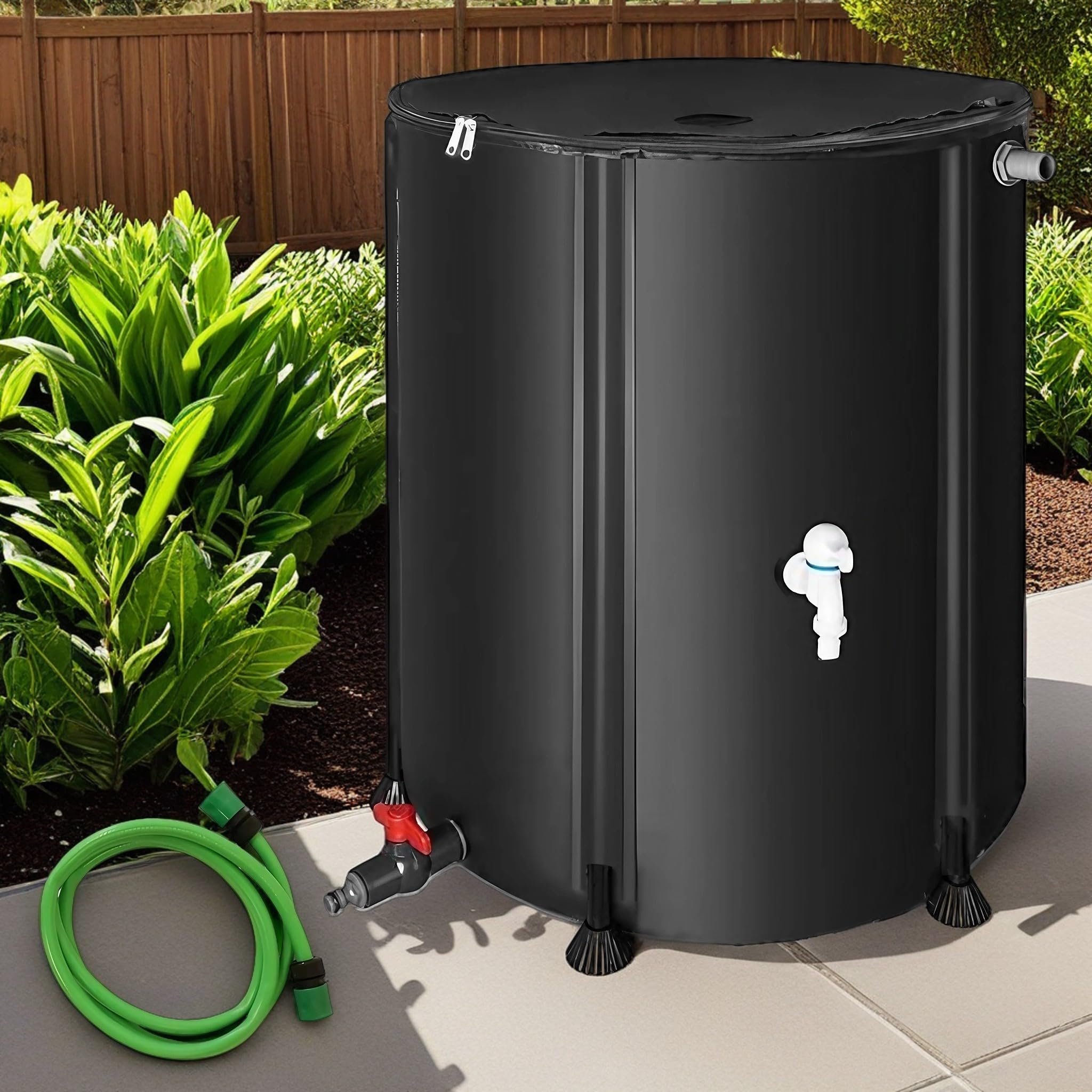 Melko - Barril de lluvia plegable de 100 l con grifo, barras de apoyo de PVC y manguera de agua de 2 m - Barril de lluvia móvil con protección contra rebosadero y conexión - Tonel de agua de lluvia