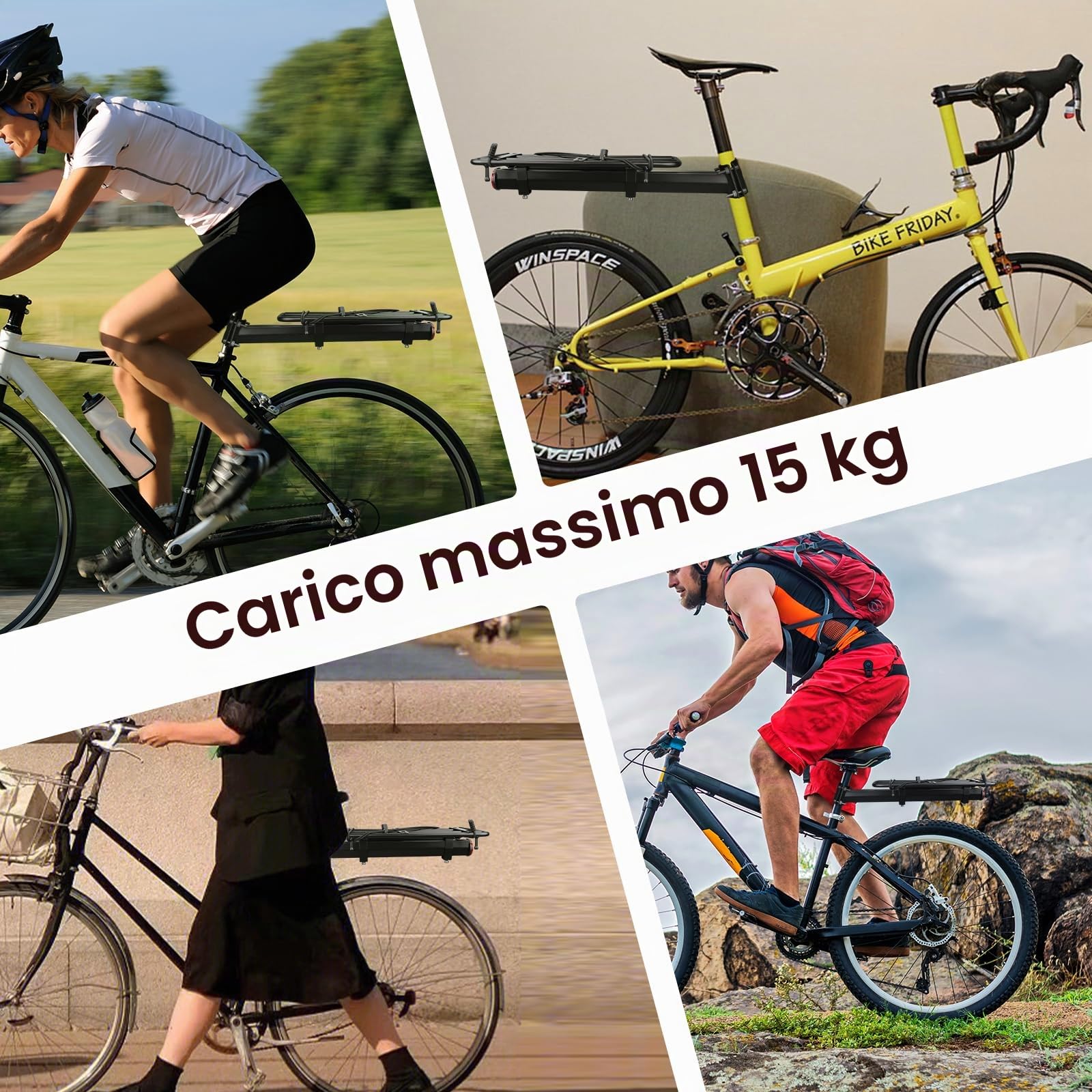 MEGHNA Portapacchi universale per bicicletta posteriore, portata 30 kg, regolabile per ruote da 20 – 29 pollici, robusto portapacchi in alluminio, facile da montare con attrezzi
