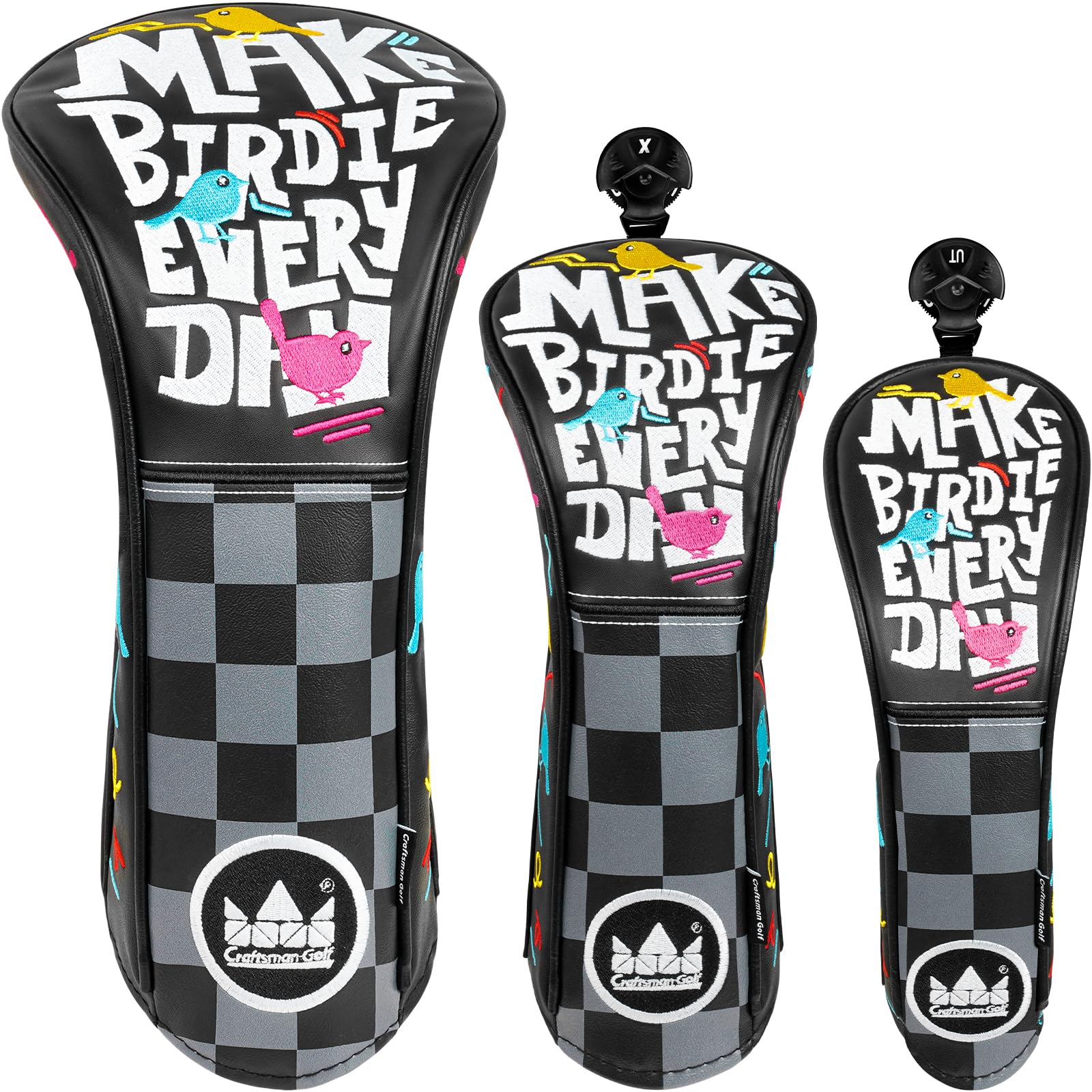 Craftsman Golf Make Birdie Everyday Embroidery Golf Club Headcovers for Woods and Driver Hybrids