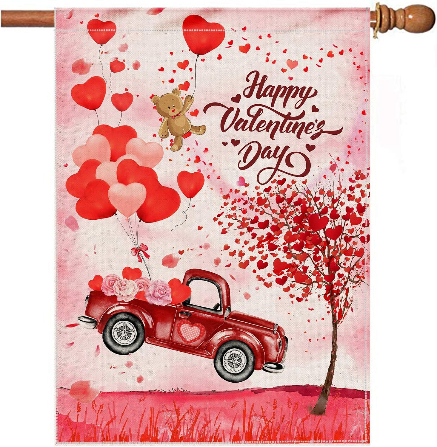 Hexagram Valentines Flags 28 x 40 Double Sided,Burlap House Flag Float Truck and Heart Balloon Valentine Outdoor Decorations,Outdoor Decorative Flag