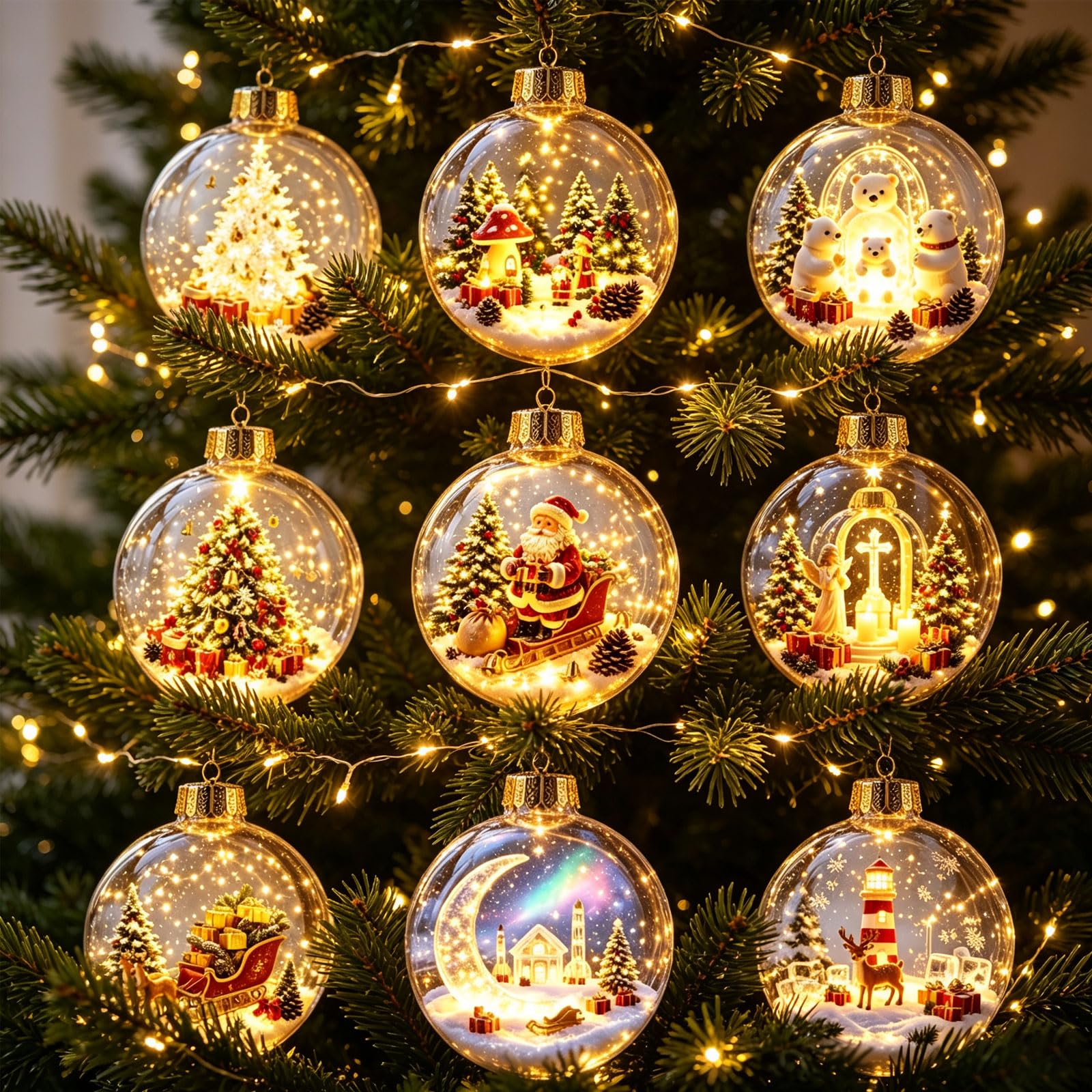 9pcs Glowing Christmas Story Ornament, Light-up Mini Holiday Scene