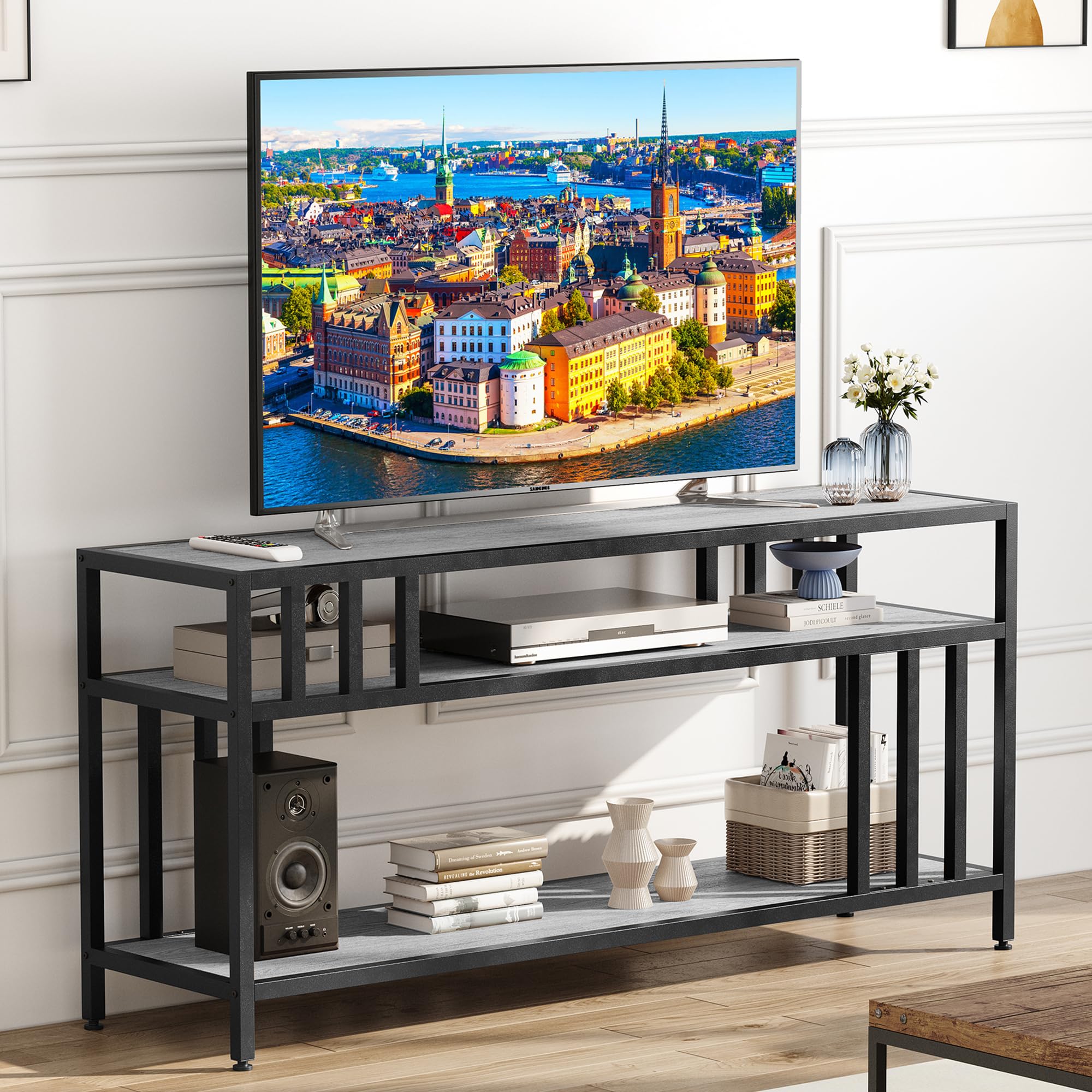 GarveeHome 58'' TV Stand for TV up to 65 Inches, Entertainment Center with Open Storage Shelves, TV Media Console Table with Quadruple-Tube Support for Living Room, Bedroom - 58