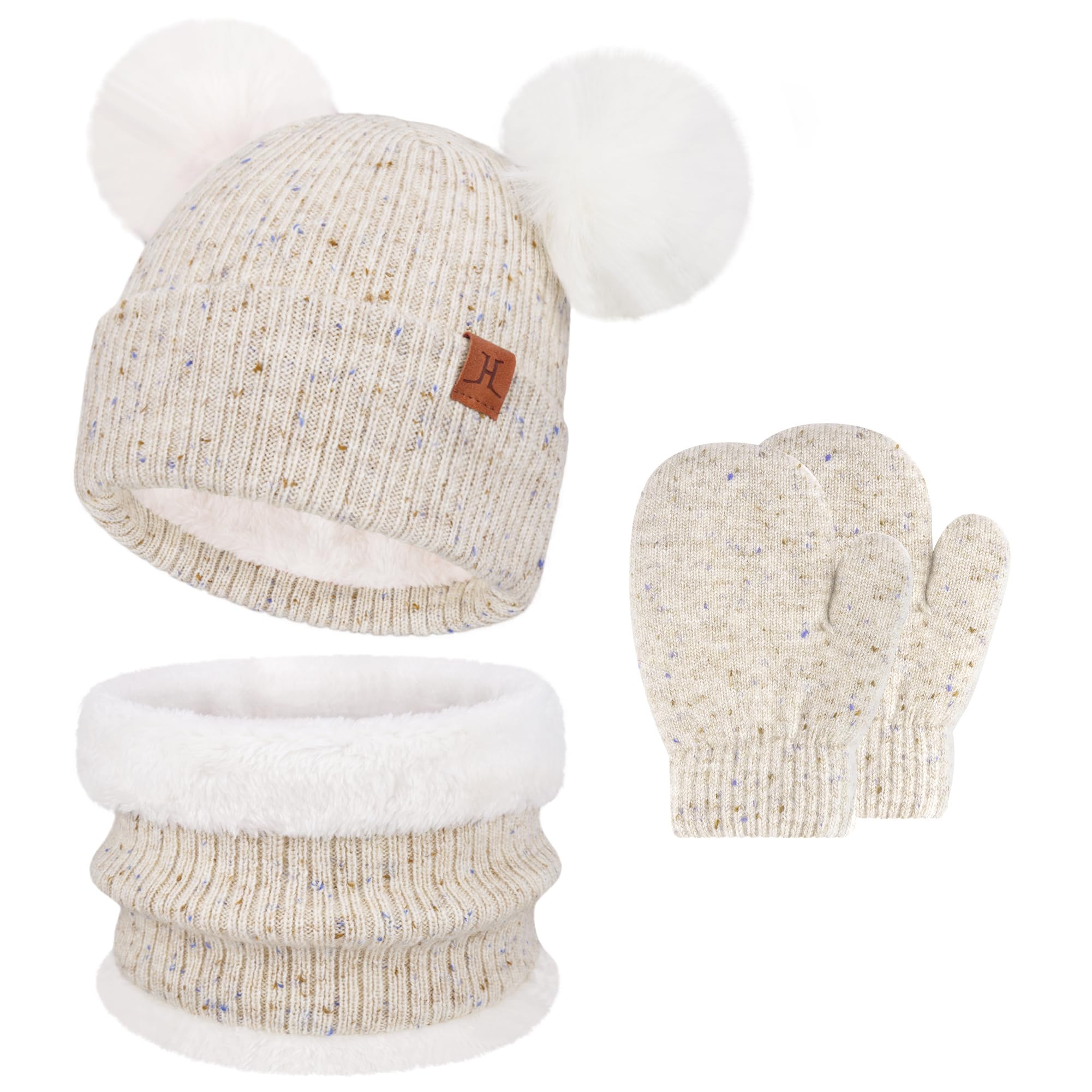 Enfants Bébés Hiver Bonnet Gants Tactiles Écharpe Ensemble Bonnet Pompon Moufles Cache-Cou avec Doublure Polaire pour 0-8 Ans Fille Garçon