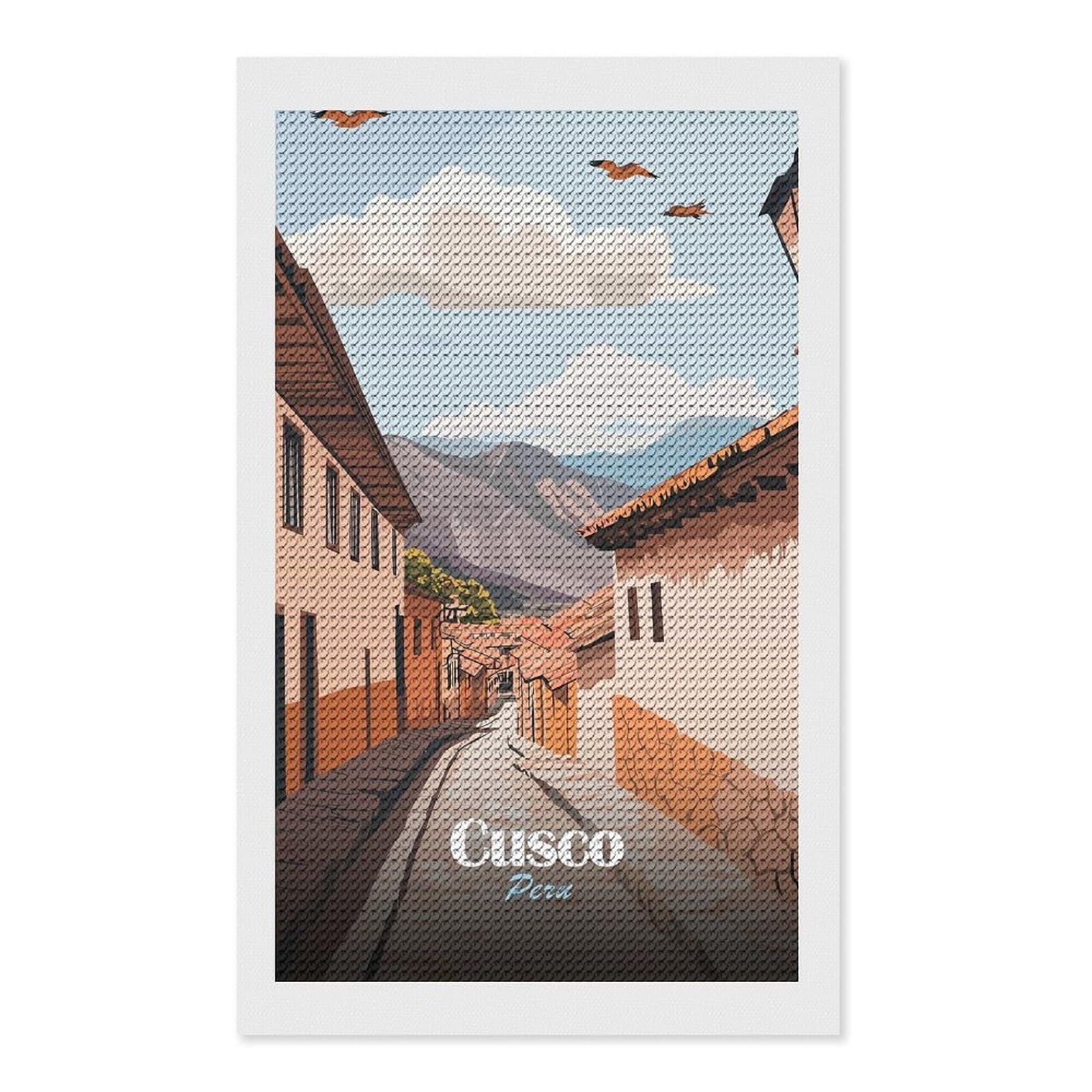 Junmoney Cusco, Peru Street View Illustration Diamond Art Canvas 12"x20", for Family Craft Time, Creative Leisure Activity, Living Room Decor, Festive Craft Gift