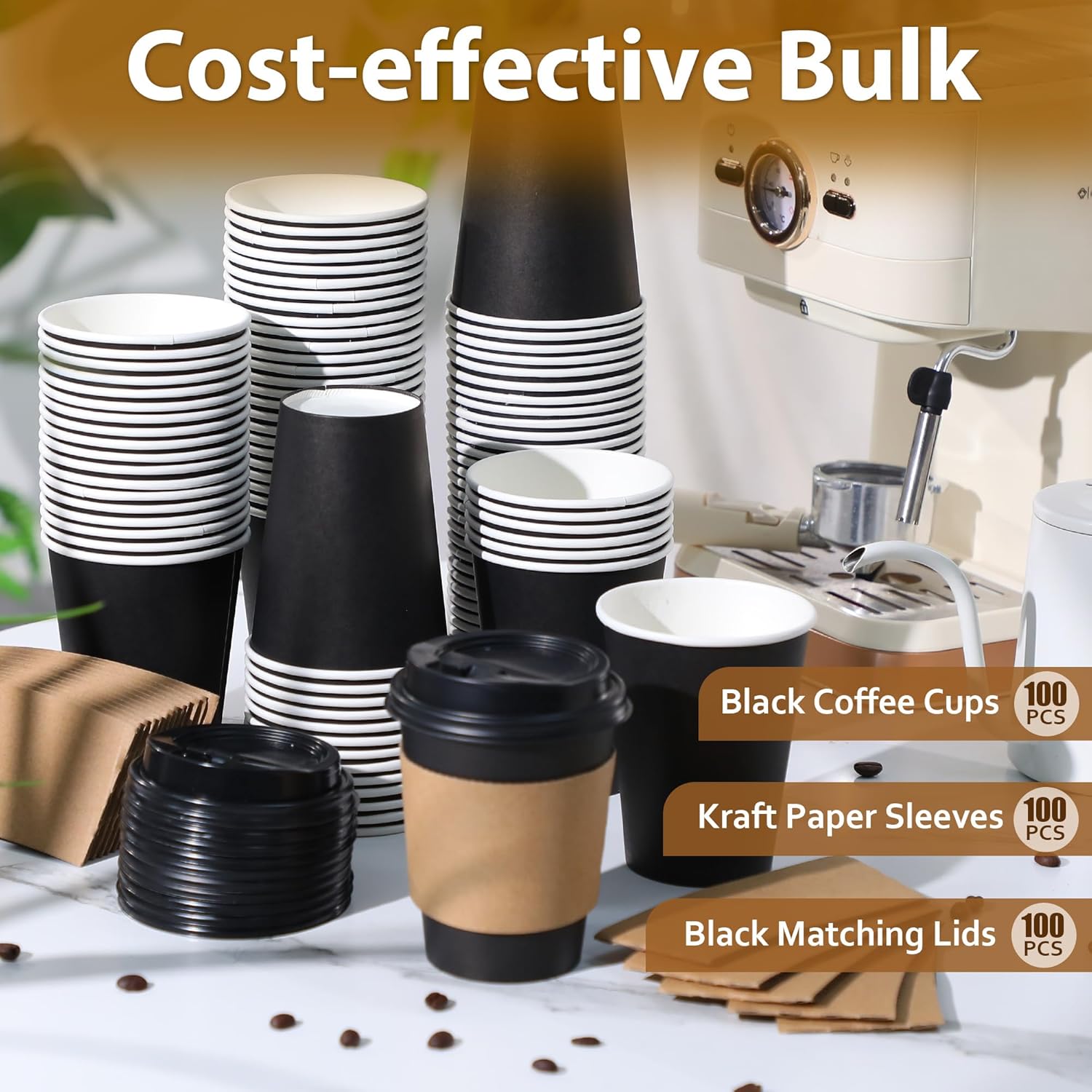 100 Pack 12 oz Disposable Paper Coffee Cups with Lids and Sleeves, Leak-free Disposable Insulated Paper Cups for To Go Hot or Cold Beverages(Black) - Image 5