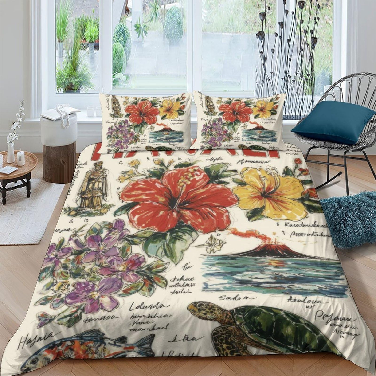 GPLZQXKJNH 3D Printed Tropical Hibiscus Duvet Cover Microfiber Soft Botanical Turtle Bedding Set with 2 Pillowcases for Bedroom Decor Single（135x200cm）