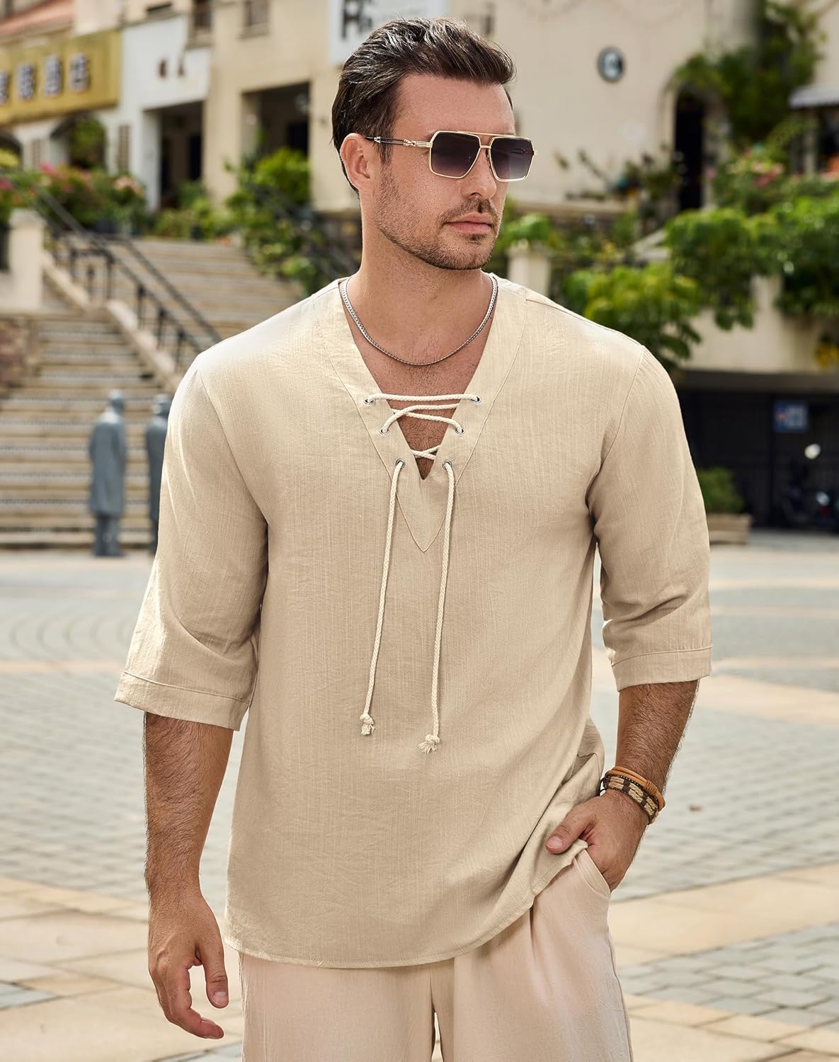 Men's Fashion Shirt Short Sleeve Beach V-Neck Drawstring Printing Yoga African Summer Top - Image 3