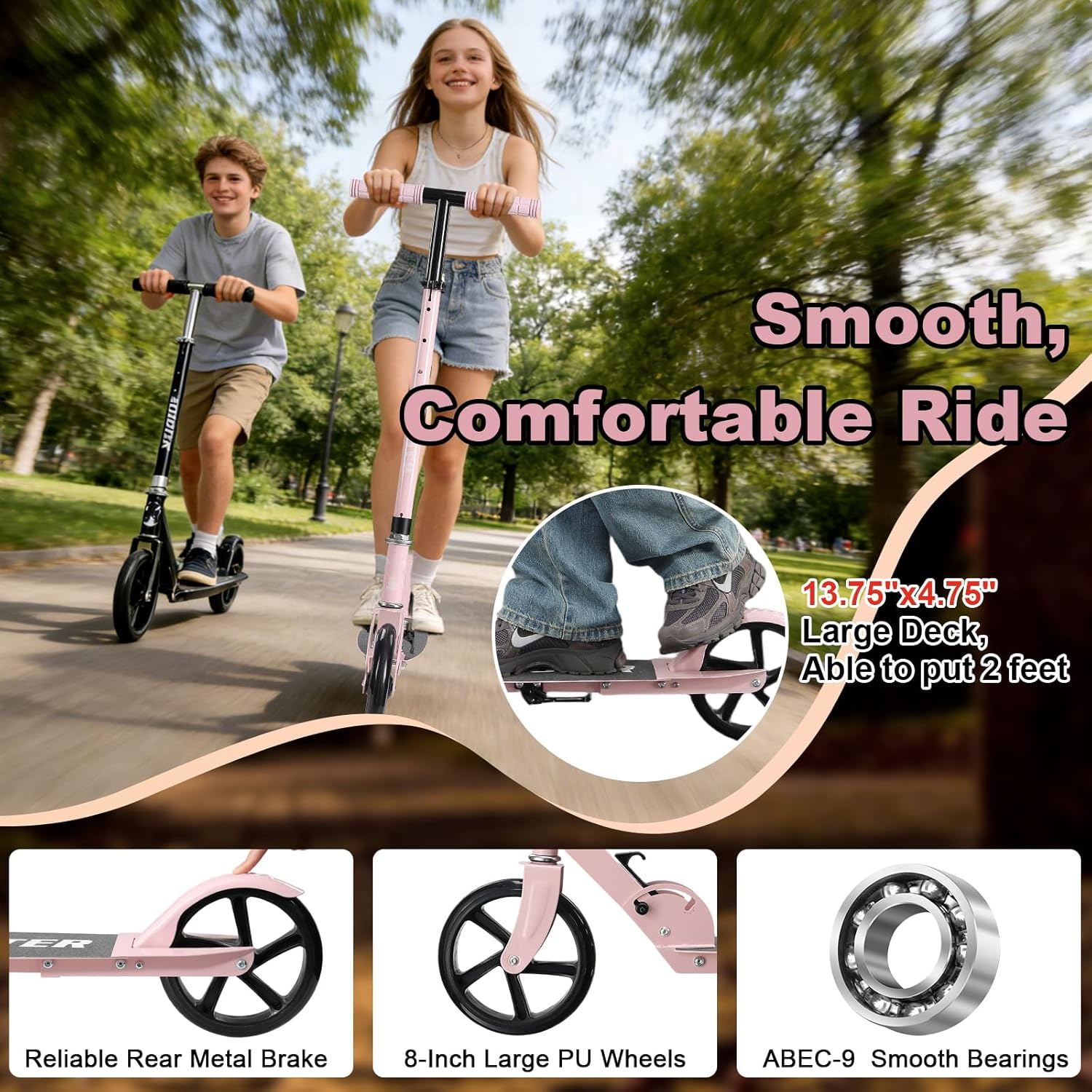 Kick Scooter Scooters for Kids Teens Adults - Heavy Duty Foldable Scooters,Non-Slip Large Deck,Portable for Travel,Adjustable for 5-8 8-12 6+ Year Old Age Boys Girls Up to 300 Lbs