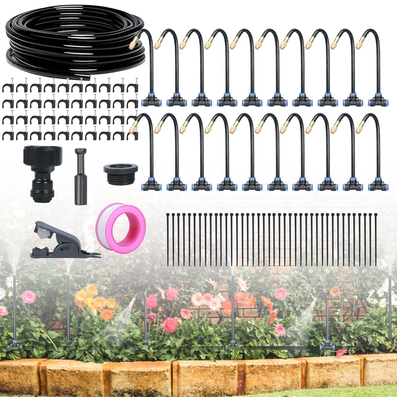 ACESOME Système d'irrigation de jardin, système d'irrigation automatique incurvé à 360°, tuyau d'irrigation, plate-bande surélevée pour jardin, pelouse, potager, ferme (20 m avec piquets)