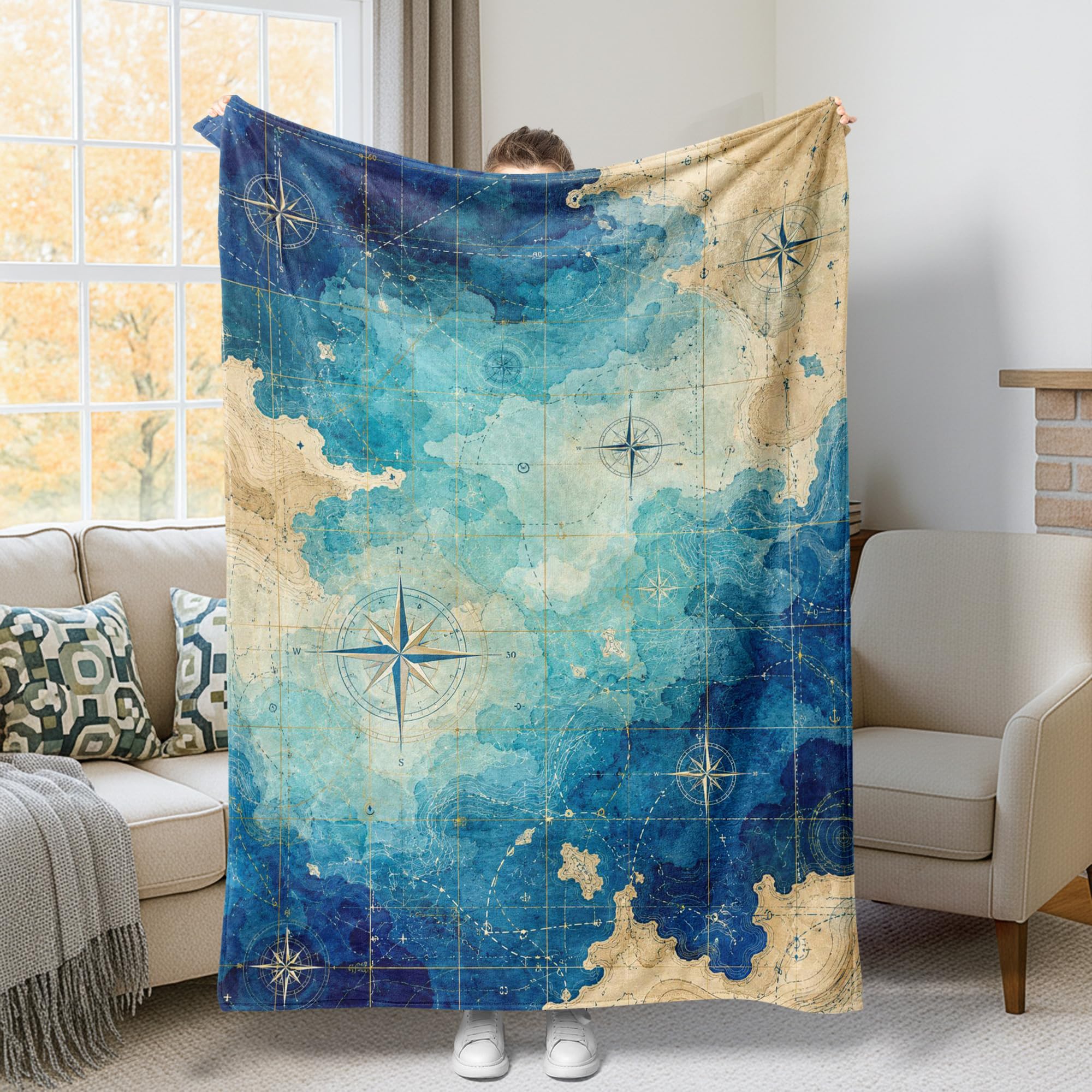 Plaid en peluche douce bleu océan au motif nautique abstrait élégant