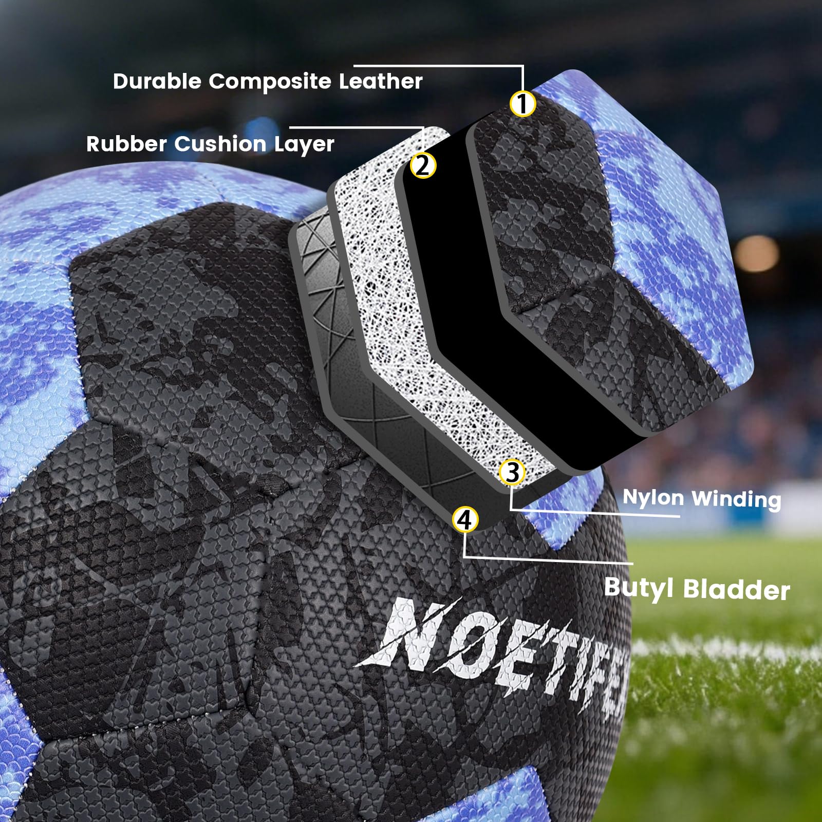 Balón de fútbol tamaño 5 para jóvenes y adultos, piel sintética negra y azul, fútbol duradero cosido a máquina de 32 paneles, costuras ocultas, resistente al agua, pelota de entrenamiento