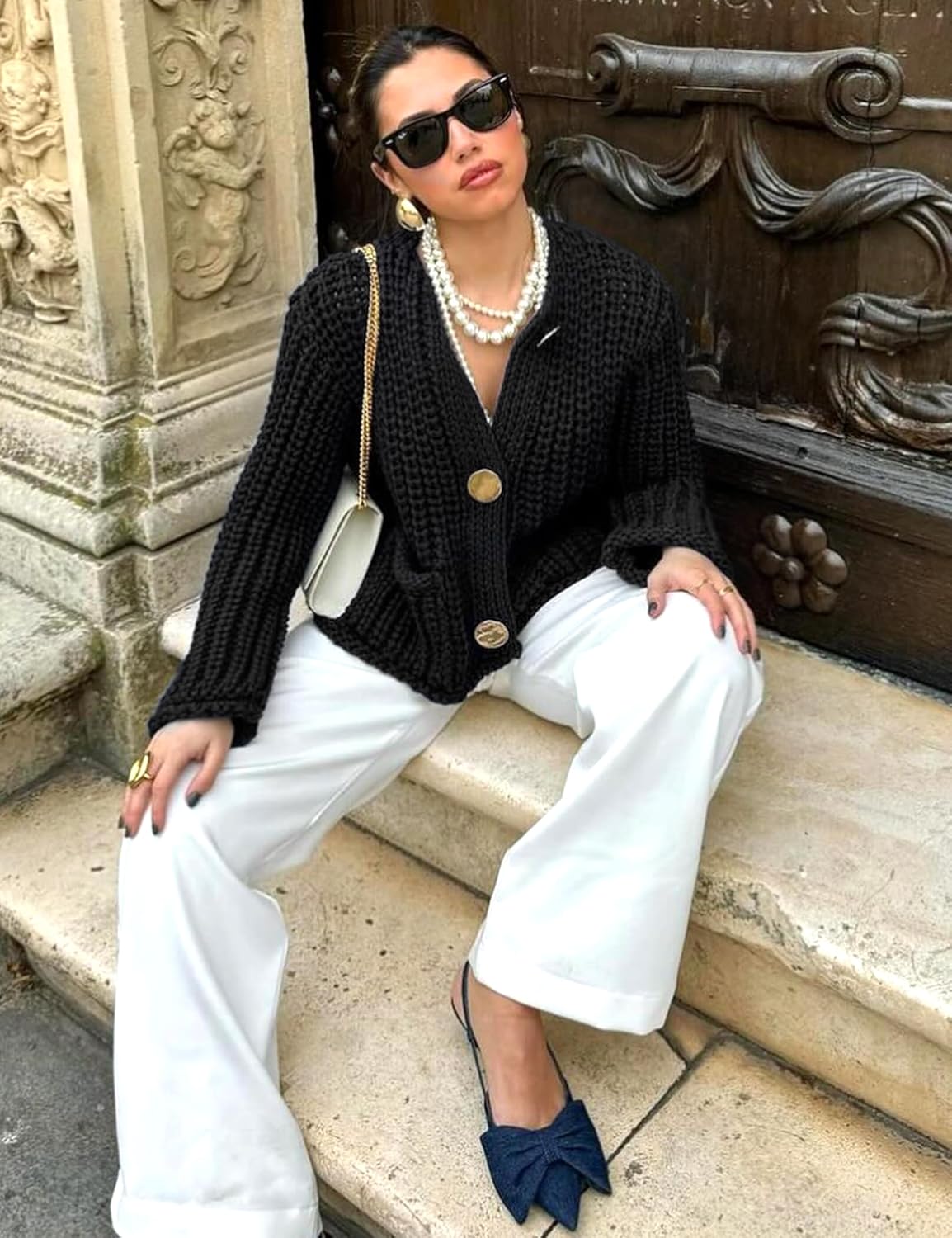 Womens Fall Chunky Knit Cardigan Gold Button Down Long Sleeve Crop Crochet Sweater - Image 5