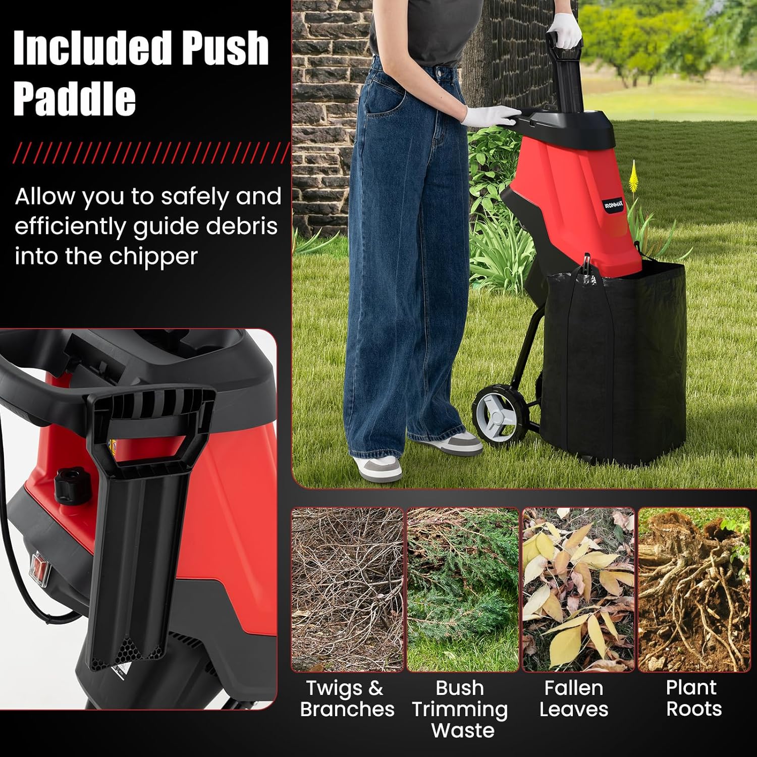 Moccha 15Amp Electric Garden Shredder , Wood Chipper with Max 1.77-in Cutting Diameter, Electric Compact & Light-Weight Silent Wood Shredder with 45L Collecting Bag and Wheels, Overload Protection