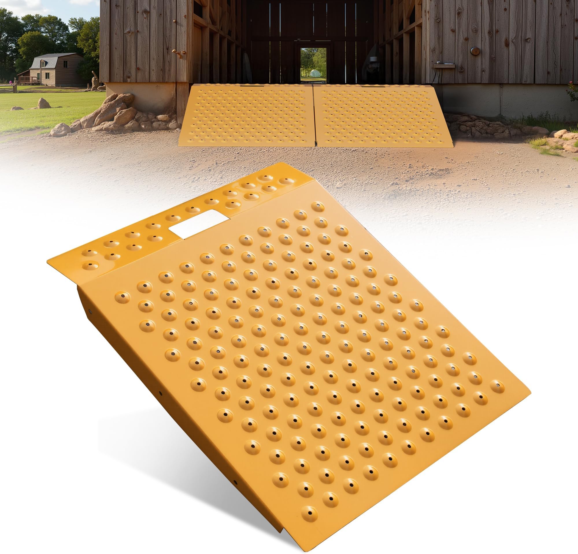 VNN 29" x 24" Shed Ramp for Riding Mower - 750 LB Capacity Shed Ramps, Anti-Slip Punch Plate Ramp for ATV, Motorcycles, Garages & Barns (1PC, Yellow, Alloy)