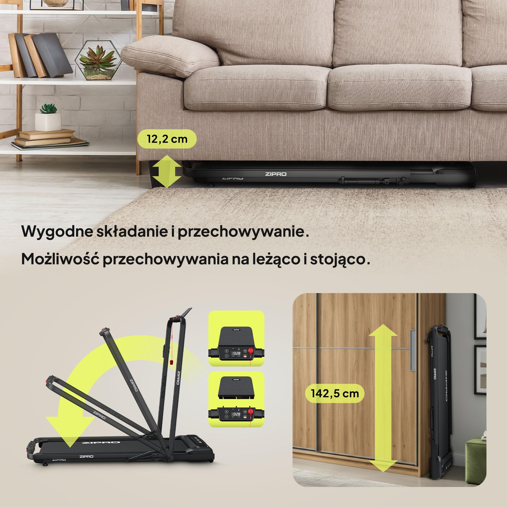 ZIPRO Newlite Bieżnia Elektryczna Składana, WalkingPad, Dwa Tryby Pracy, Składana Konstrukcja FlatFold, Prędkość 1-10 km/h, Waga Użytkownika do 110 kg, Amortyzacja Easy Walk, Wyświetlacz LED