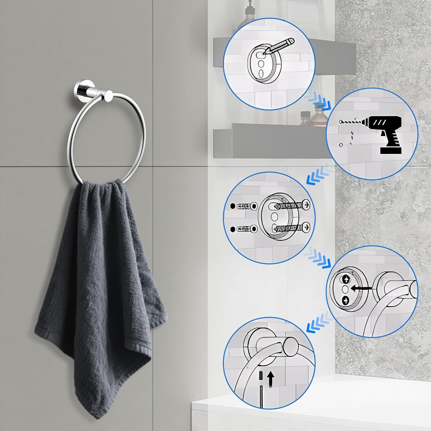 Towel Ring Round Towel Holder for Bathroom Hand Towel Racks Wall Mounted Stainless Steel