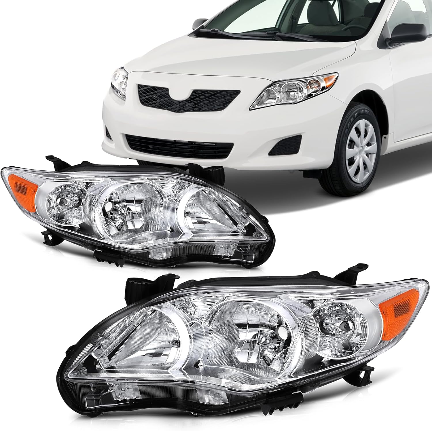 SCITOO Headlights for 2011-2013 for Toyota Corolla Pair Headlights Assembly Chrome Housing Amber Reflector TO2502204