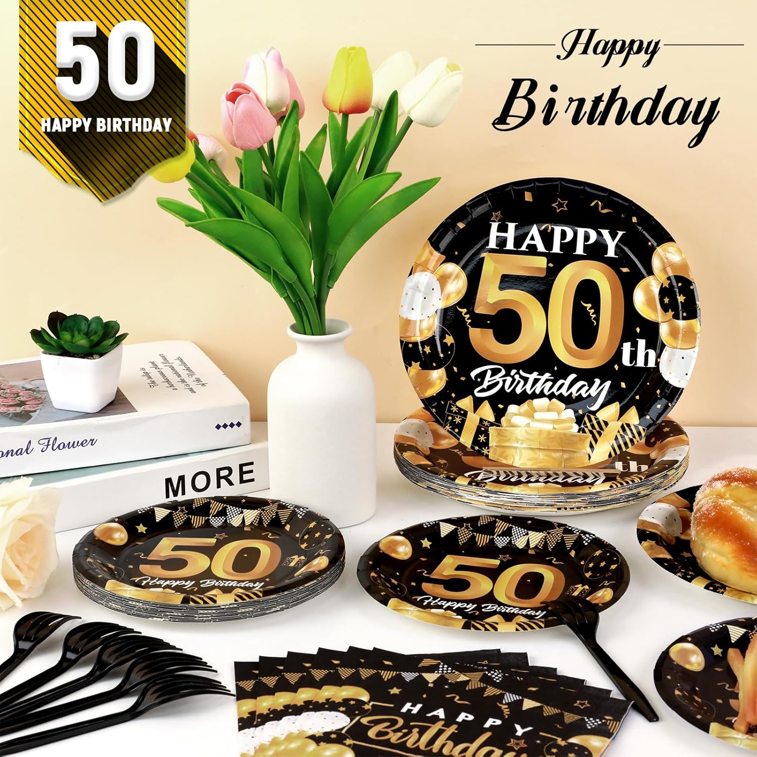 OBUSATT 96Pcs 50th Birthday Party Tableware Set Black and Gold Birthday Party Dinnerware Cheers to 50 Years Birthday Party Plates Forks Napkins 50th Birthday Party Supplies for Men Women 24 Guests - Image 5