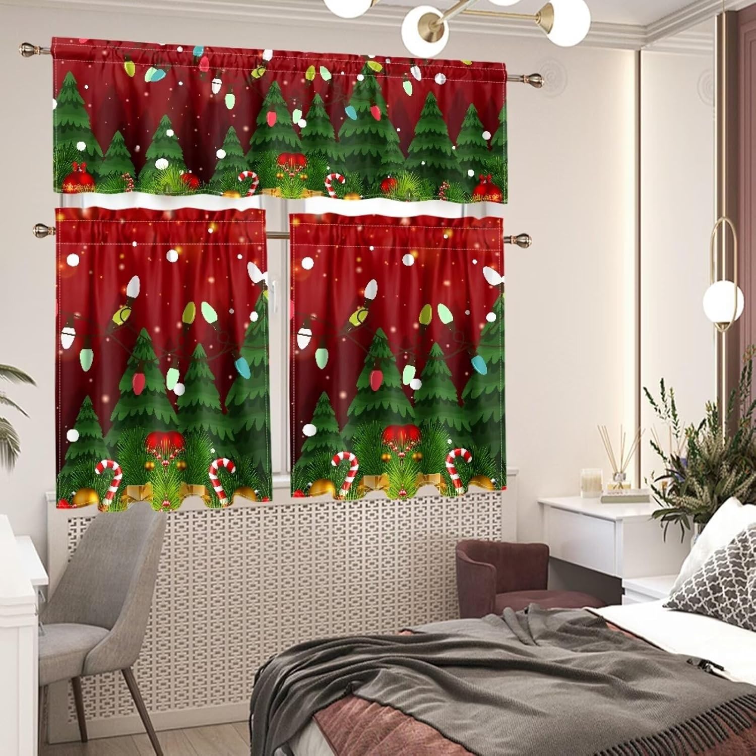 Christmas Tree Blackout Curtains Kitchen Window Curtains Valance and Tier Set 3 Piece Window Treatment Tiers for Living Room Bedroom Kitchen Decor Drapes