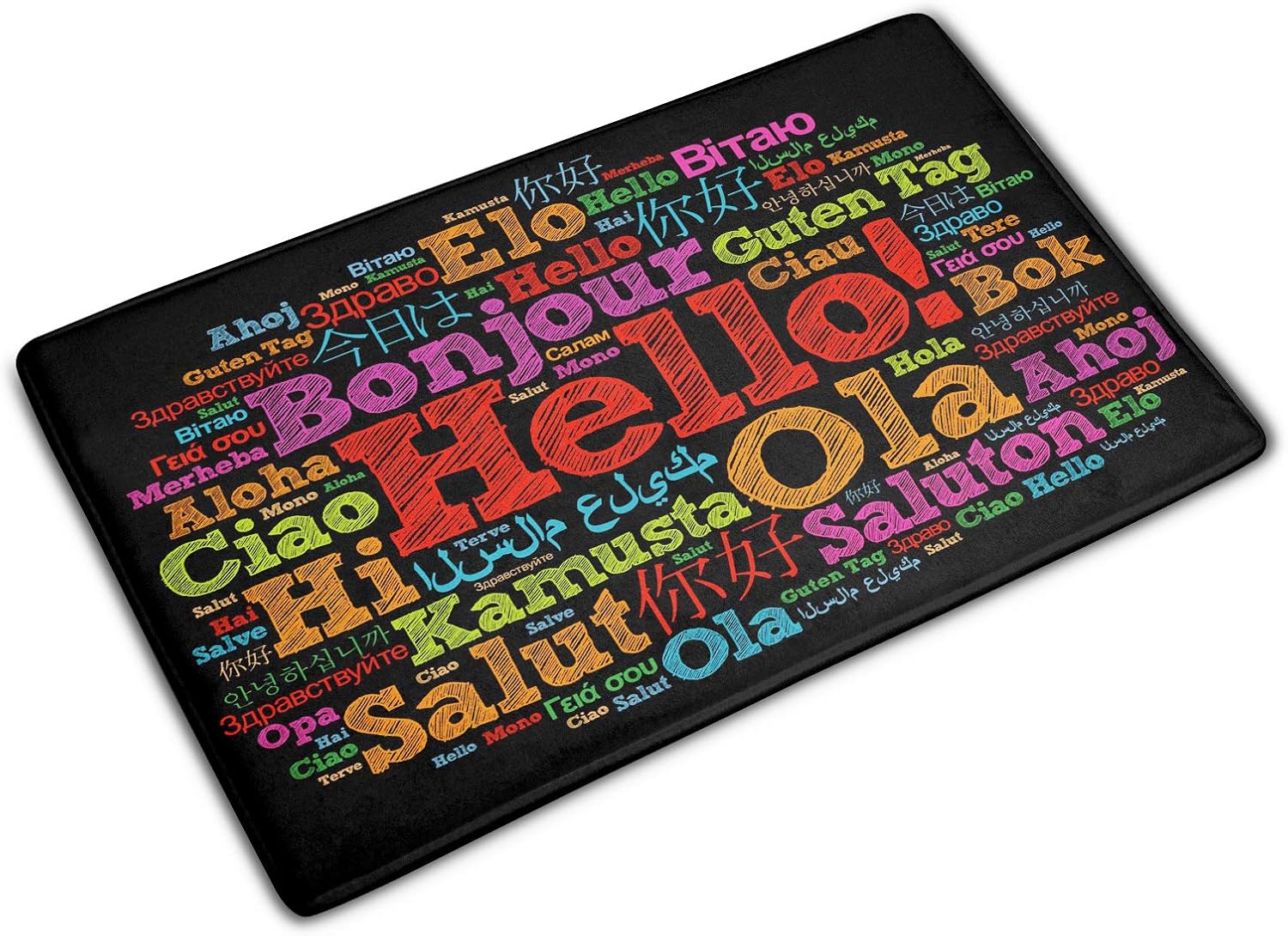 Hello in Many Languages MultiColored Fonts Doormat Mat Different Languages