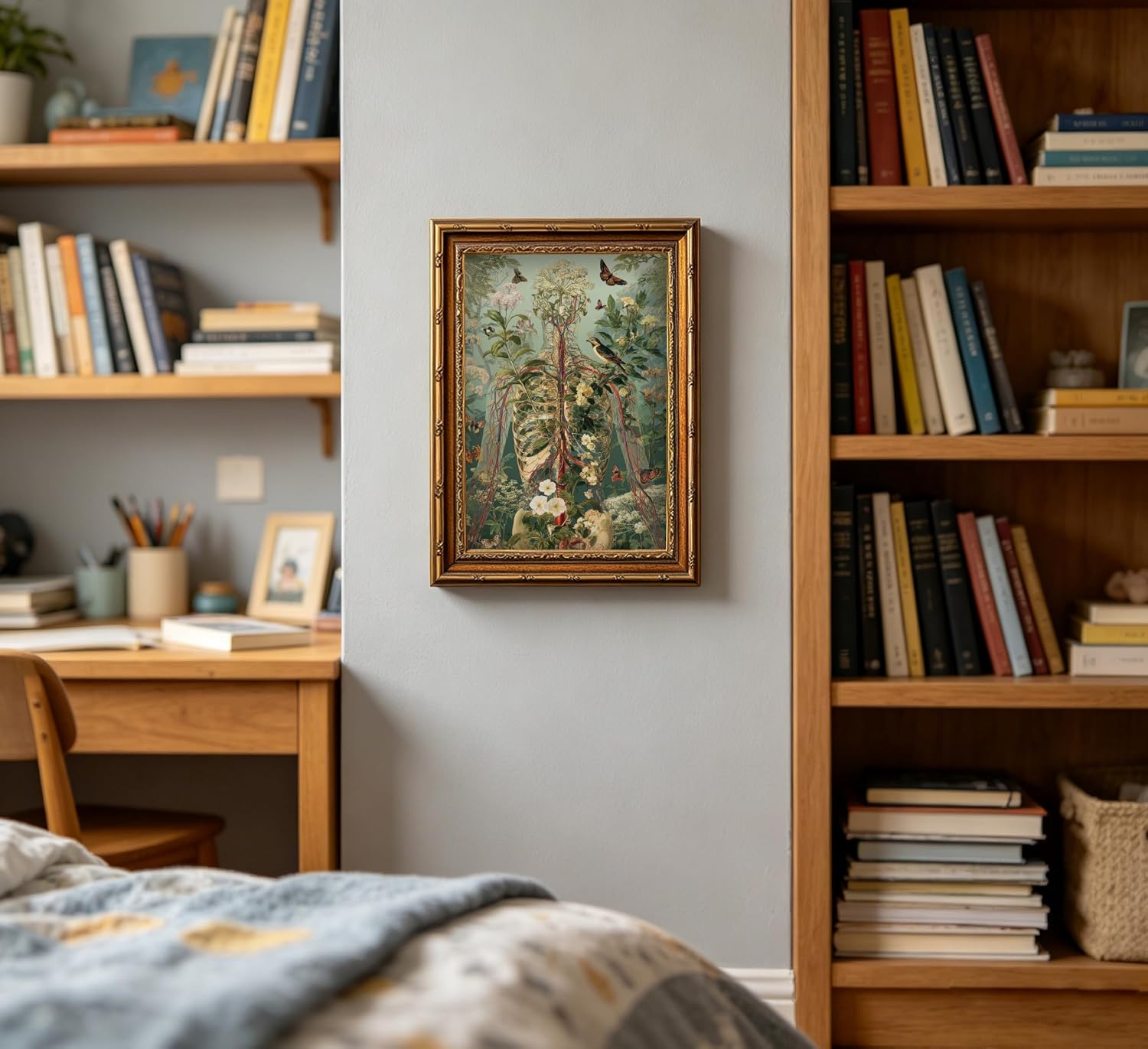 Vintage Gold Framed Human Anatomy Wall Art, Botanical Skeleton Flower Wall Decor, Nordic Modern Educate Medical Poster, Human Organs Aesthetic Artwork for Nursing School Classroom Medical Office image 2