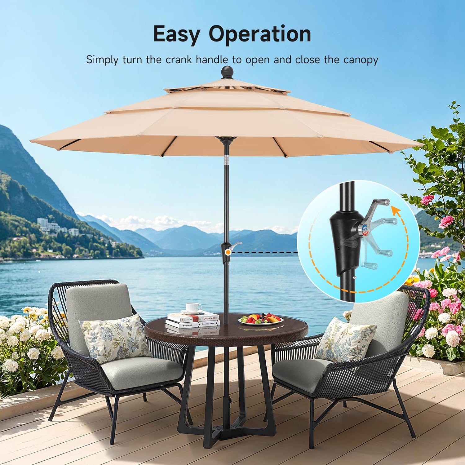 10 FT Patio Umbrella, 3 Tier Outdoor Table Umbrella with 8 Sturdy Glass Fiber Ribs and Push Button Tilt, Outdoor Patio Umbrellas for Market Pool Garden Backyard, 1.5" Pole, Champagne (No Base)