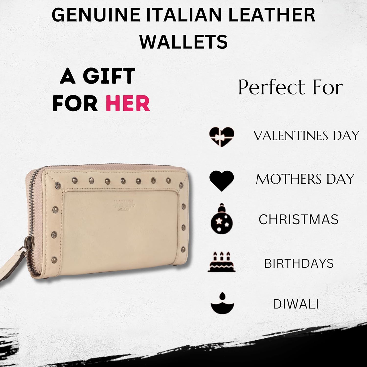 Vintage Genuine Italian Leather Boho Studded Wallet – Zipper Coin Purse & Credit Card Holder for Women (Beige) - Image 5
