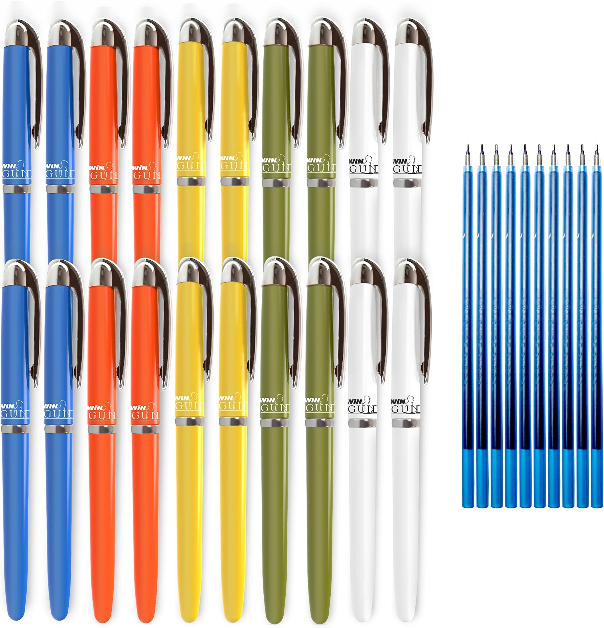 WIN Guide Ball Pens | 20 Blue Ink Pens With 10 Refills | Pens for Writing | Premium Pens Set | 0.6 mm Tip | Smooth Writing | Lightweight Multicolour Body | School,Office & Corporate | Premium