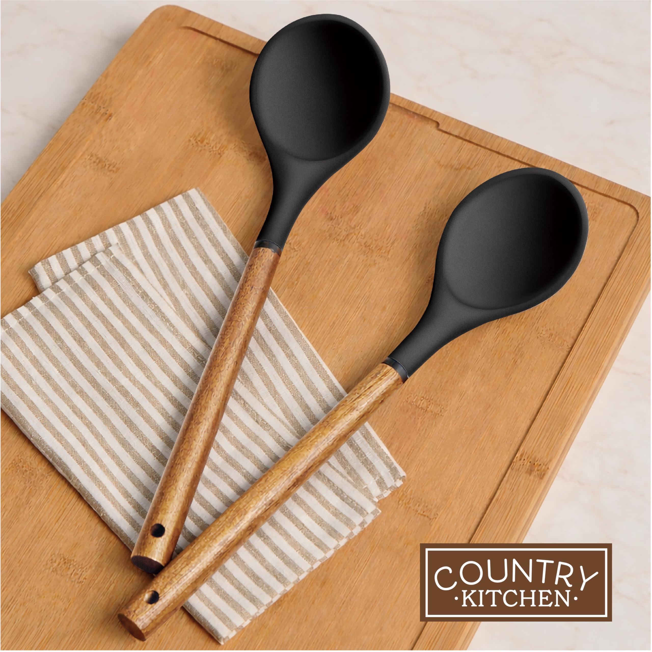 Country Kitchen Juego de 8 utensilios de cocina de silicona y madera, fáciles de limpiar, para utensilios antiadherentes y antirayones, perfecto para regalos