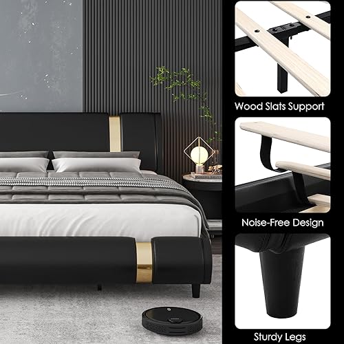 Miniatura 49 de TTVIEW Moderna base de cama tapizada de piel sintética con decoración de metal de hierro, cabecera curvada ajustable, soporte de listones de madera,