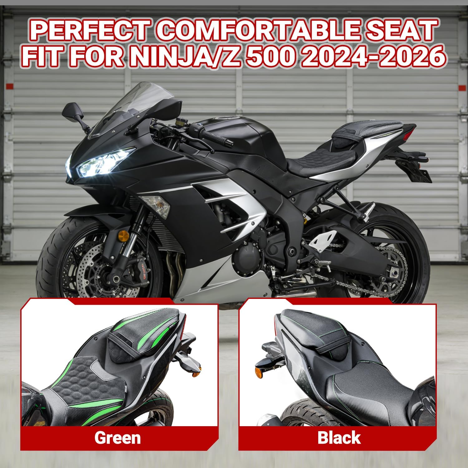 Motorcycle Driver Passenger Seat for Kawasaki Ninja500 Z500 2024 2025 2026 Ninja Z 500 Front Rear Pillion Solo Cushion Cover Pad Set (Black)